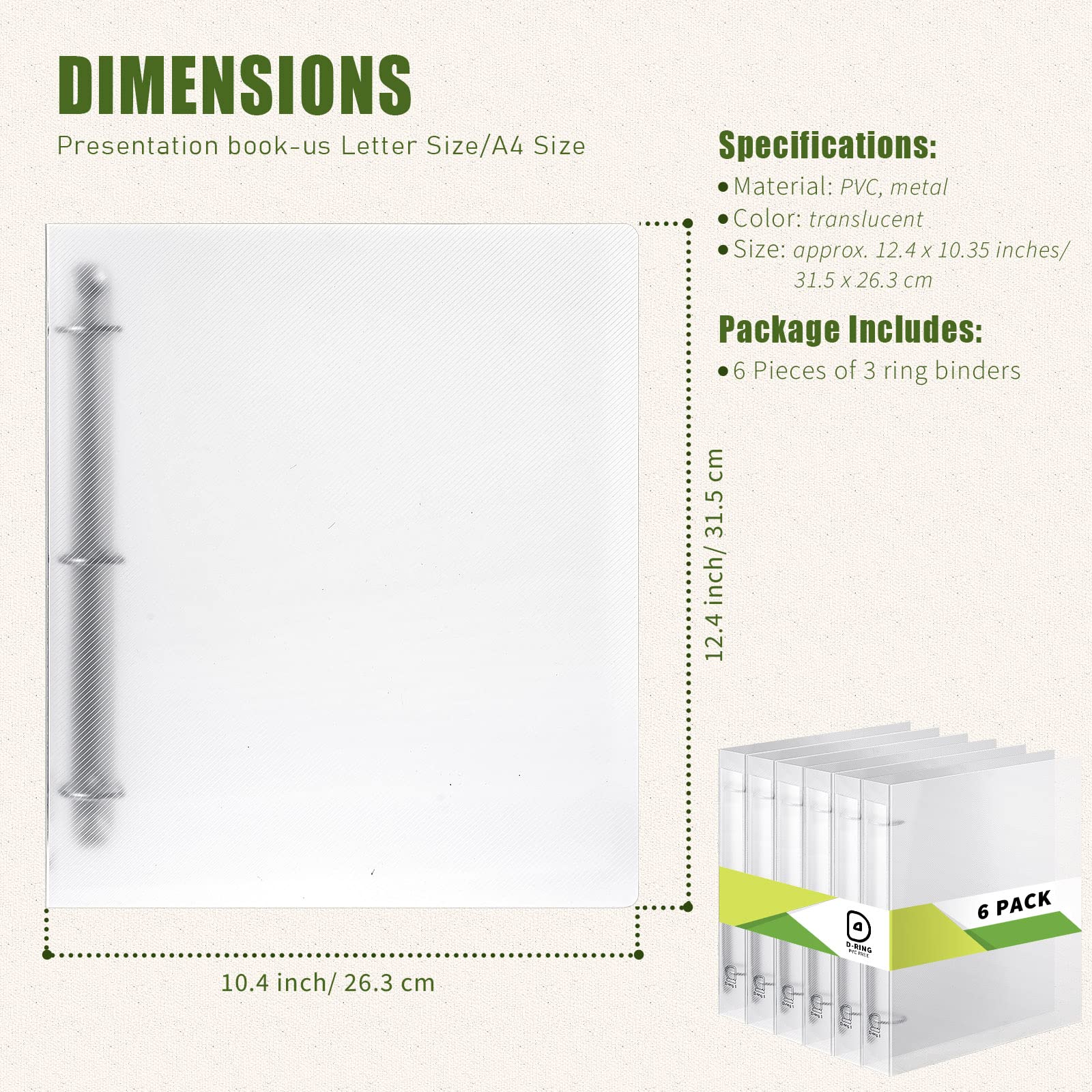 Crtiin Lot de 6 couvertures en plastique transparent à 3 anneaux avec fermeture à bouton-pression rechargeable pour cahiers à 3 anneaux D/O, cadeaux pour enseignants, étudiants, (anneau D, 2,5 cm)