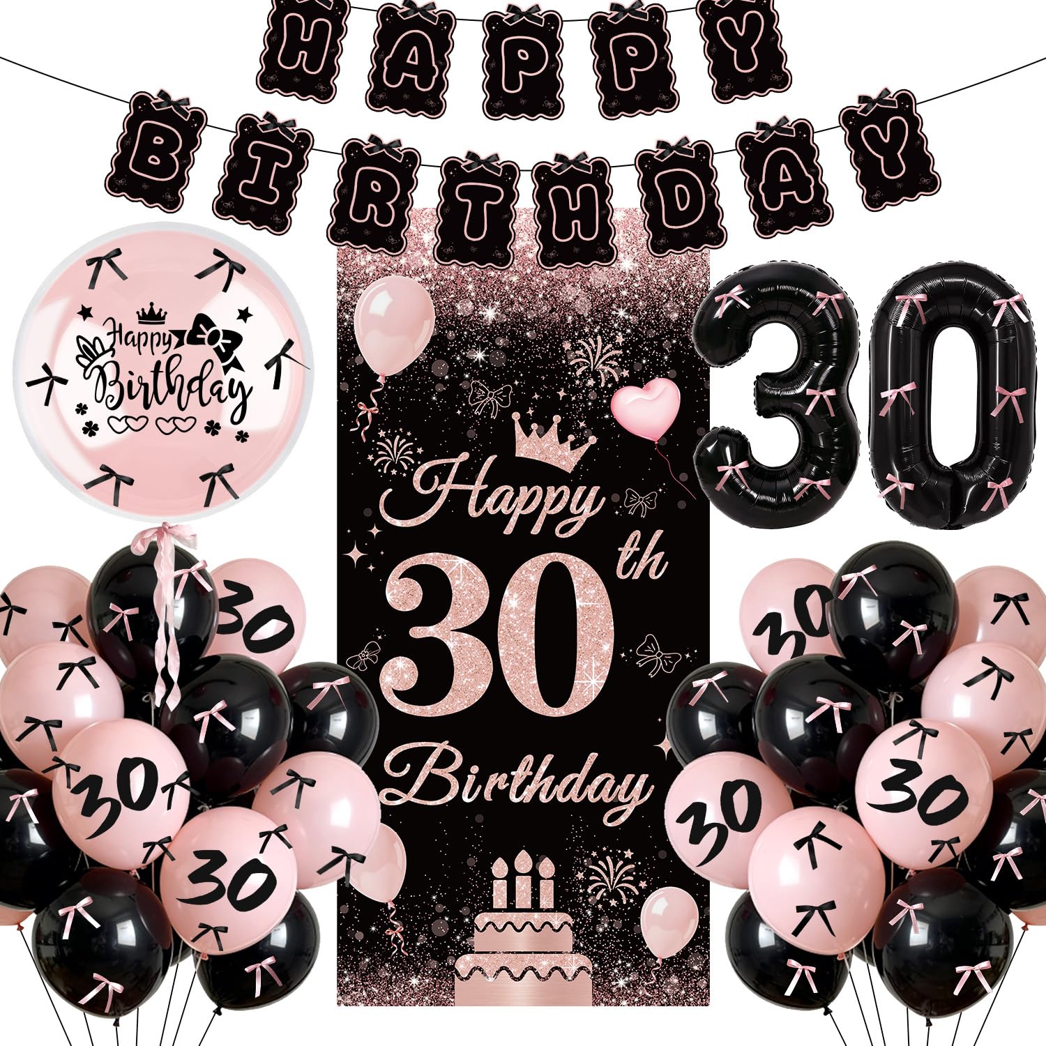 Black Pink 30th Birthday Decorations for Women, Bow Birthday Decoration