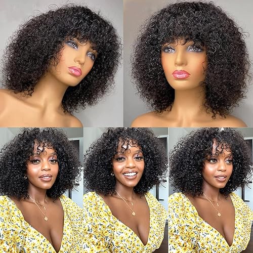 Miniatura 4 de SUPERNOVA Peluca corta afro rizada con flequillo, pelucas de cabello humano rizado real negro natural, densidad 180, hecha a máquina, sin encaje