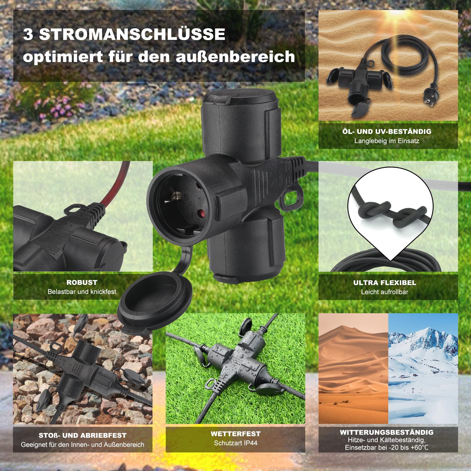 Cavo di prolunga per esterni, con 3 prese Schuko da 15 m, in gomma, per esterni, IP44, H05RR-F, 3G1,5 mm², cavo elettrico esterno, 3 scomparti, 3500 W, nero