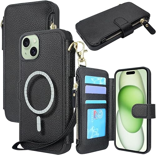Lacass Compatible con MagSafe Case Wallet para iPhone 15 PlusiPhone 14 Plus de 6.7 pulgadas, 3 tarjeteros con cremallera de piel, cierre magnético,