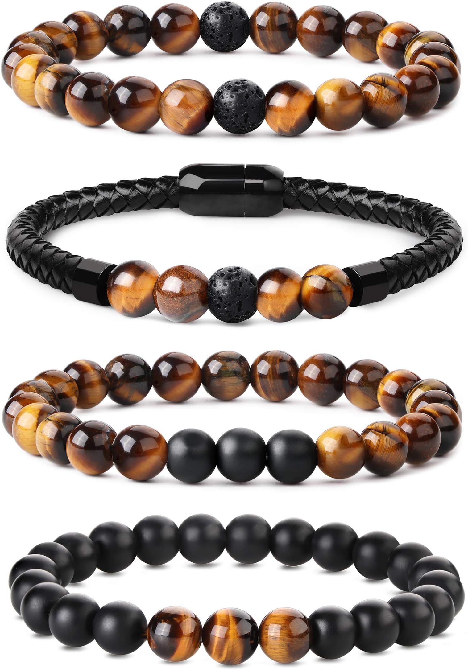 CASSIECA 4PCS 8MM Genuine Leather Beads Bracelets for Men Women Charm Volcanic Stone Yellow Tiger Eye Bracelet Rock Goth Punk Elastic Bracelet Set Magnetic Clasp