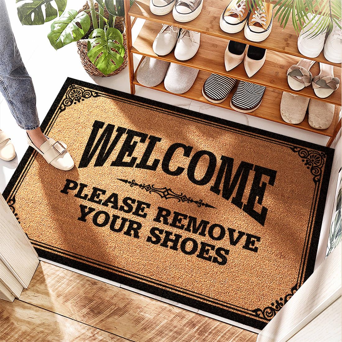 Tapis d'entrée de cuisine et porte en jute naturelle Welcome 65 x 90 cm