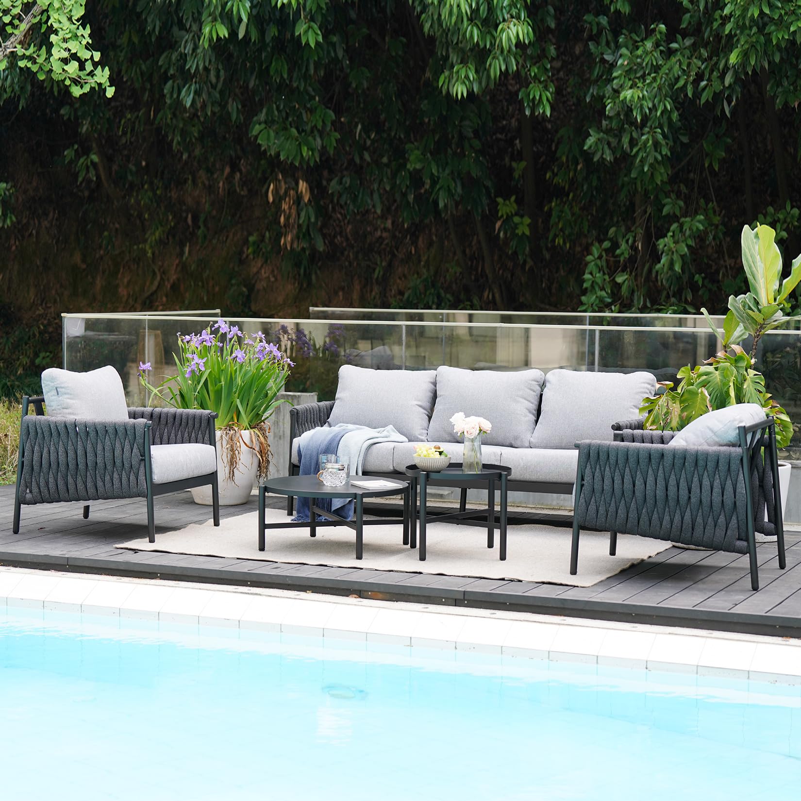 Grand patio 5-Piece Outdoor Furniture Set, Outdoor Sofa Set with 2 Round Side Tables, Modern Metal Patio Couch with Thick Waterproof Cushions for