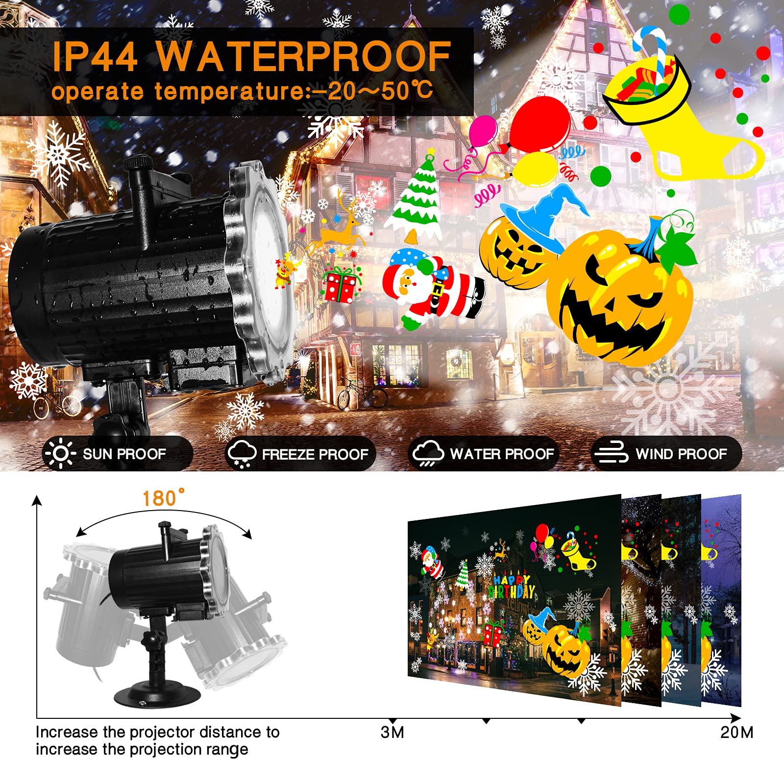 Projektor Weihnachten Aussen, Weihnachtsdeko, LED Schneeflocken Projektionslampe mit 64 Cartoons, Wasserdichte Projektor Lichter mit Fernbedienung Timer für Weihnachtsbeleuchtung Silvester