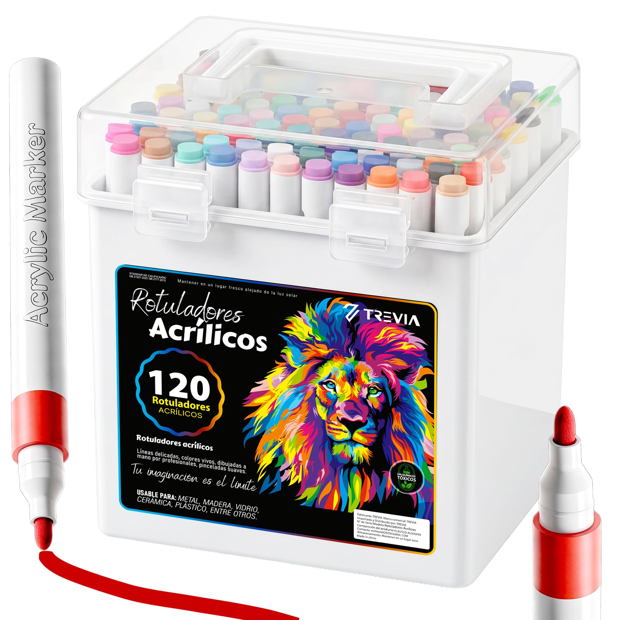TREVIA® PACK 120 Rotuladores Acrilicos | Rotuladores lettering | Manualidades | Acrylic markers | 120 Colores | Rotuladores Profesionales | Efecitvo para la mayoria de superficies | Niños y Adultos