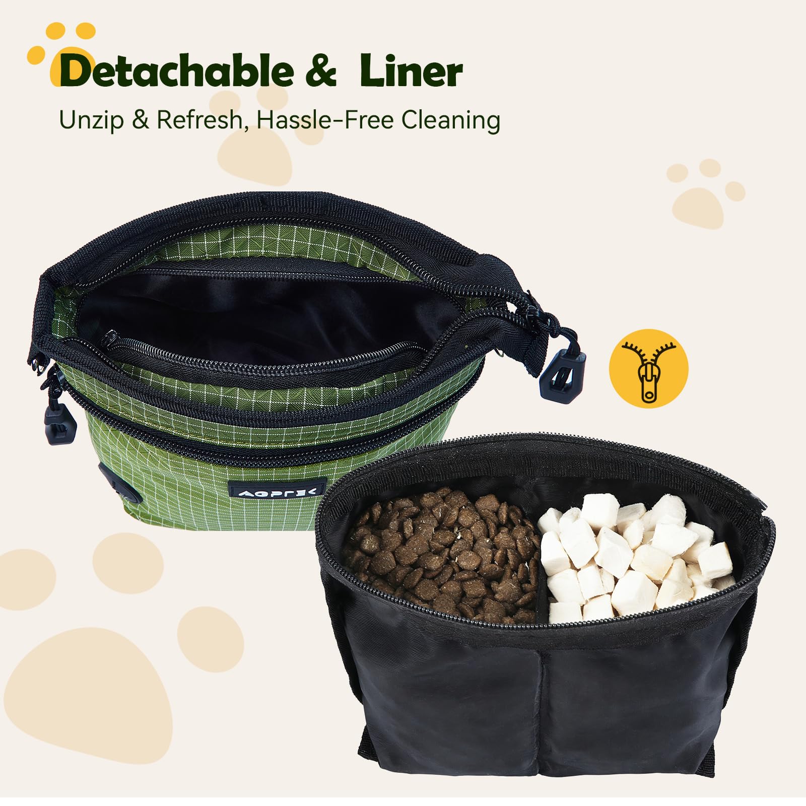 AGPTEK Dog Treat Pouch, Magnetic Dog Walking Pouch with Removable & Split Snack Bag, Water-Resistant Waist Pack with Poop Bag Dispenser & Hands-Free D-Ring for Training, Walking, Hiking, Run, Green - image 4