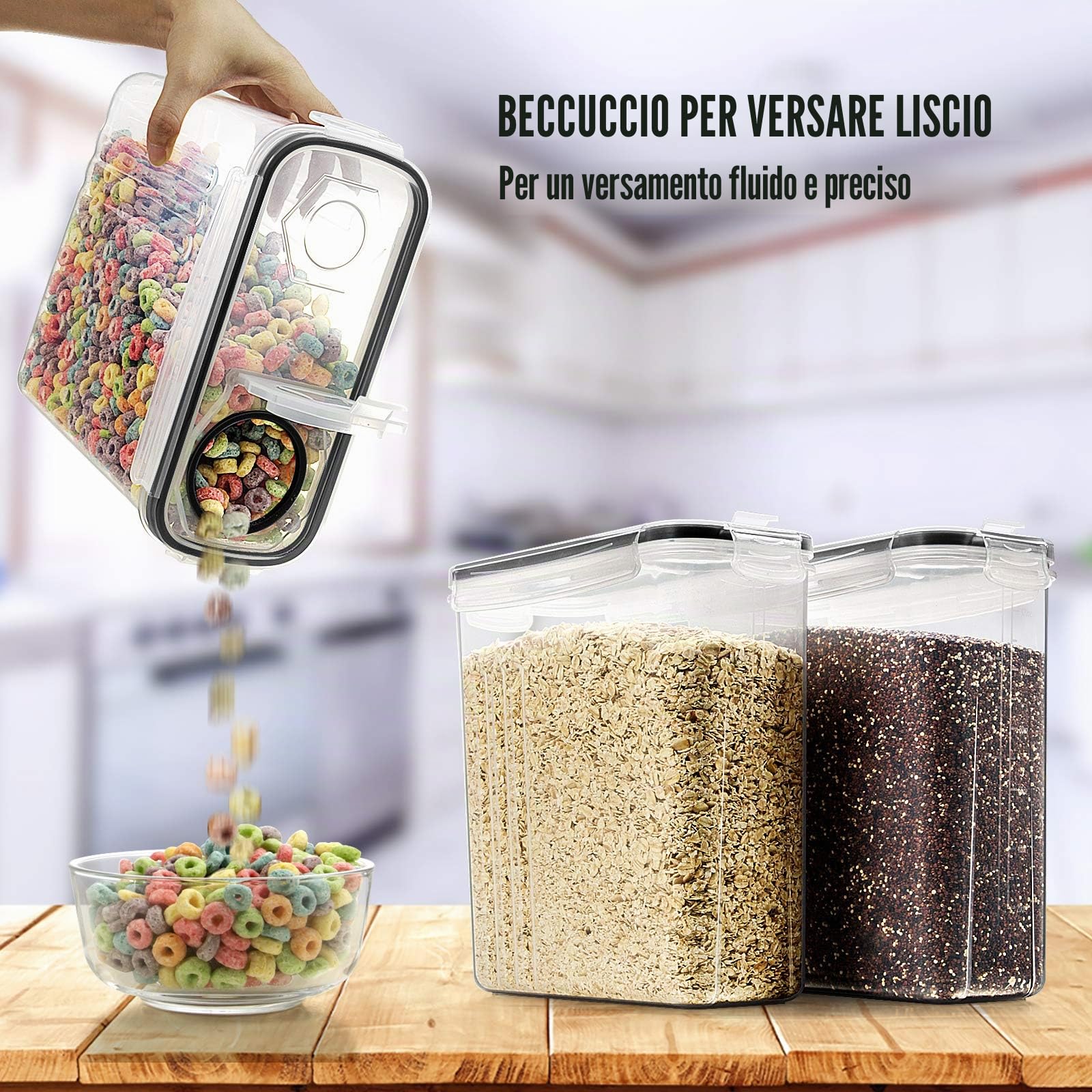 Wildone Set di 6 contenitori ermetici con capacità di 4 litri e coperchio a prova di perdite nero per cereali e alimenti secchi (zucchero, farina, ecc.)
