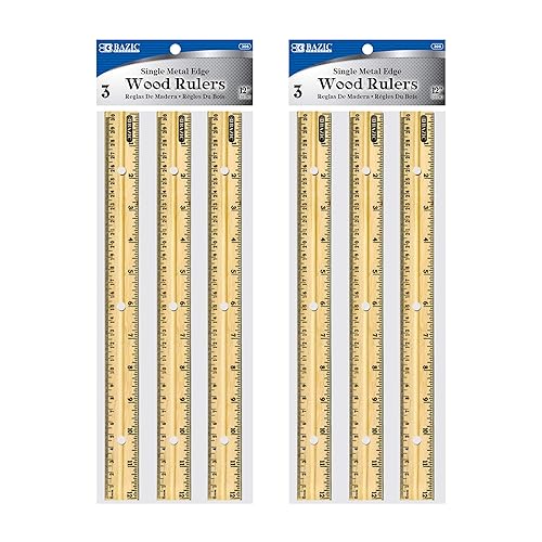 BAZIC Regla de madera de 12 pulgadas (11.8 in), borde de metal singel, reglas de dibujo métricas de medición de centímetros, para estudiantes,