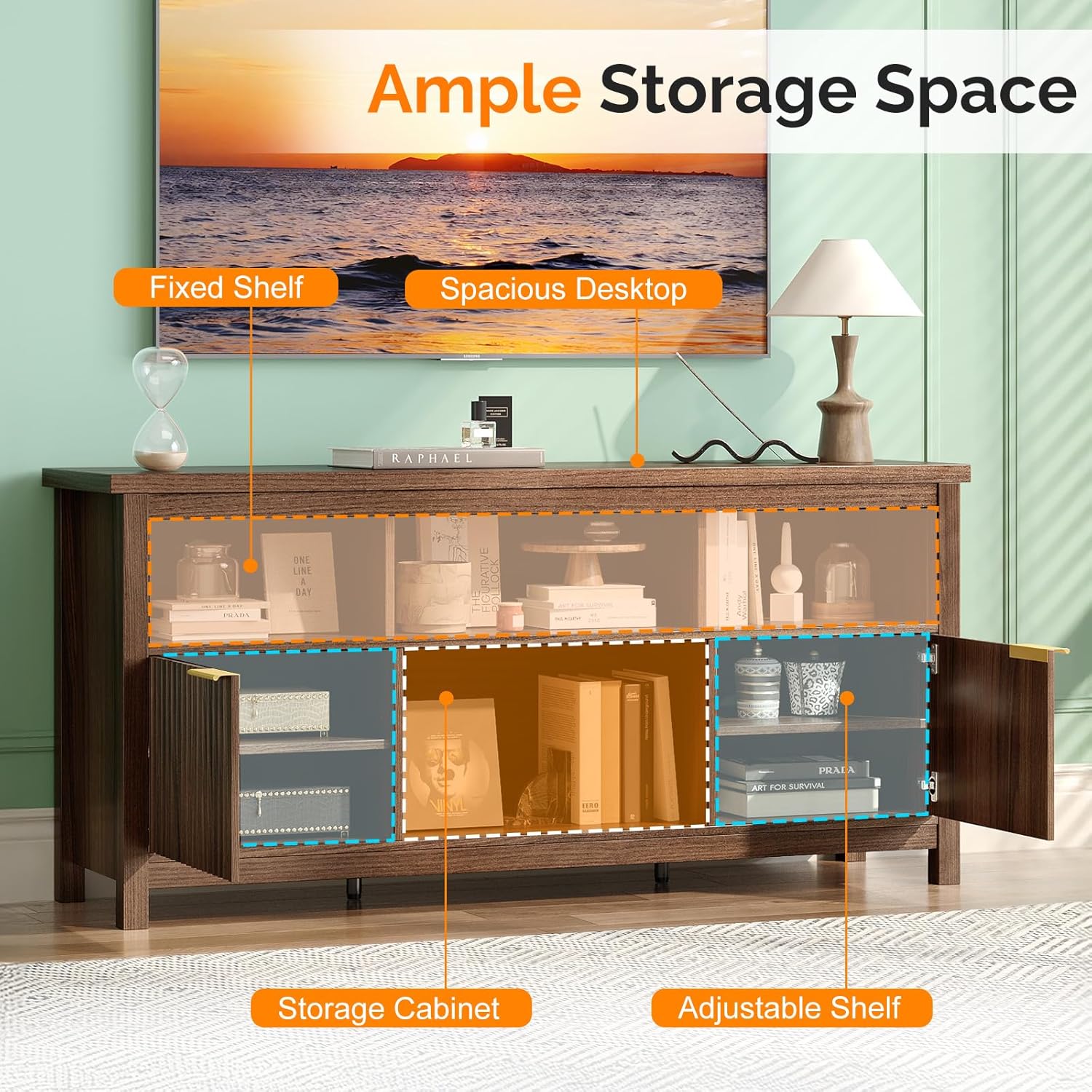 VINGLI 58" Fluted TV Stand for TVs up to 70", Modern TV Stand with Storage & Adjustable Shelves, Elegant Media Console Entertainment Center for Living Room & Bedroom, Walnut