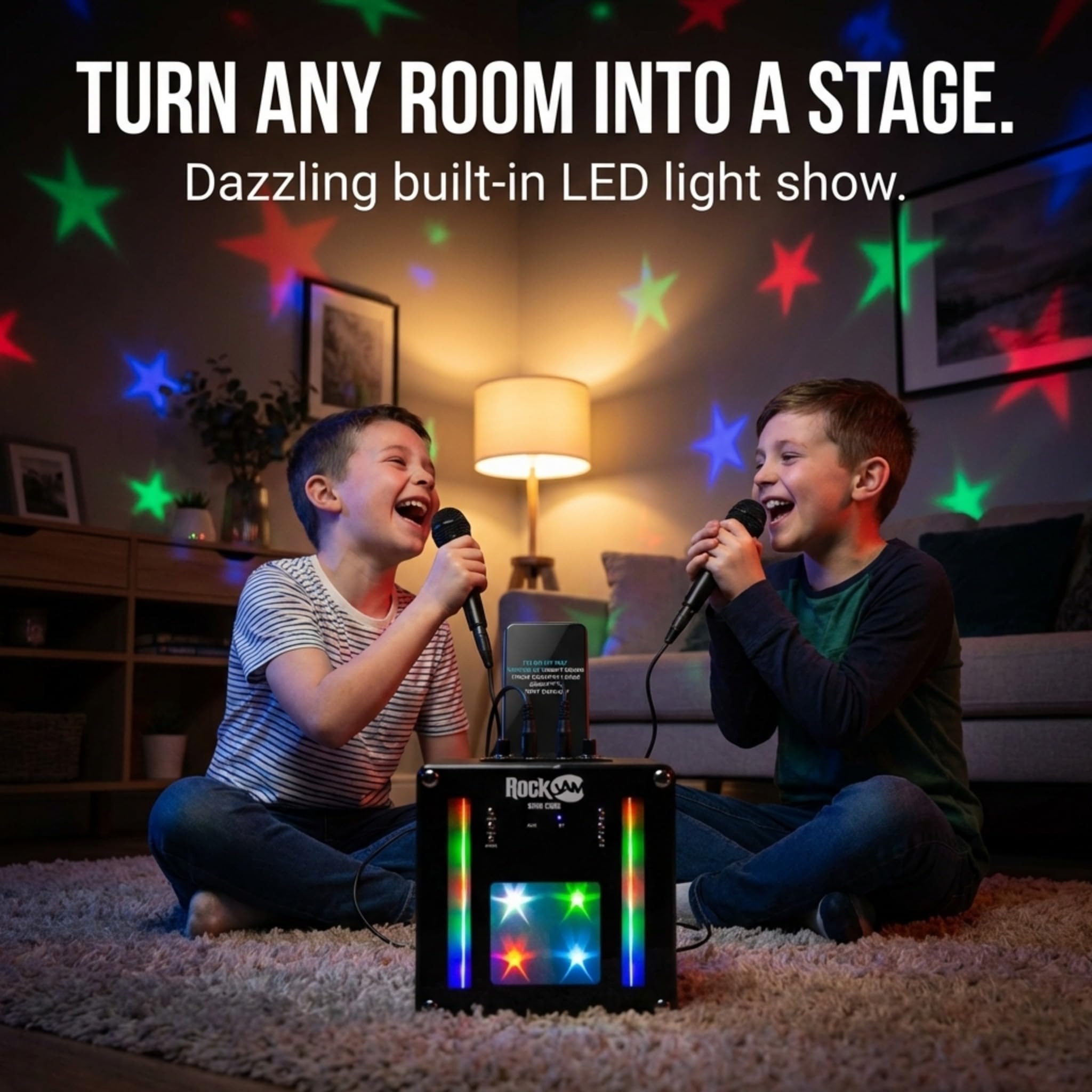 Machine de karaoké Bluetooth Rechargeable RockJam 10 Watts avec Deux Microphones, Jeux de lumière et Effets vocaux
