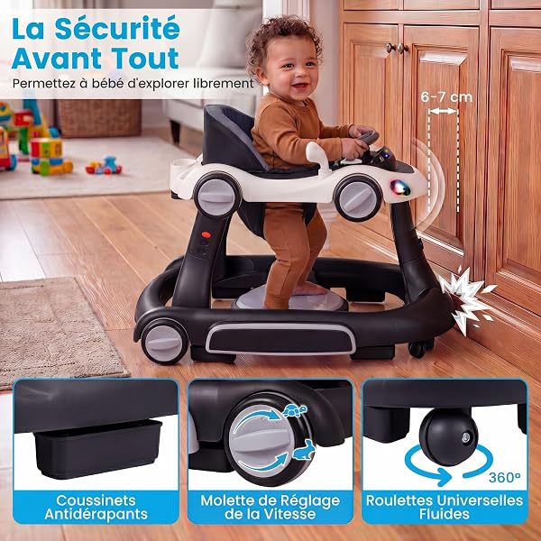COSTWAY Trotteur Bébé Garçon Fille Pliable 7 en 1 avec Mode Bascule et Sautillant, Trotteur Marche Bébé Garçon Évolutif avec Hauteur Réglable, Musique et Lumière,Charge 12kg, 7-18 Mois (Noir) - 4