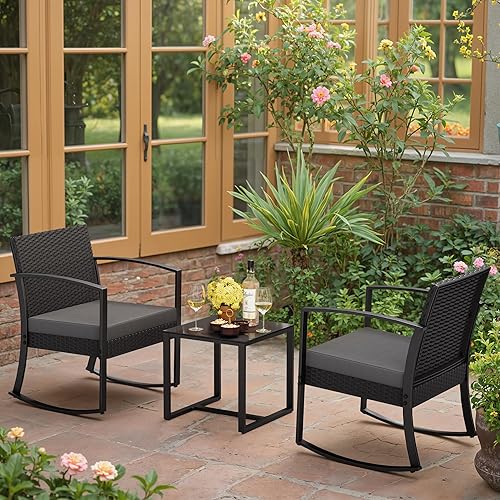 Vista 5 de Greesum Juego de muebles de exterior de 3 piezas para patio, bistró, mecedoras con mesa de centro de cristal para piscina, playa, patio, balcón, Gris