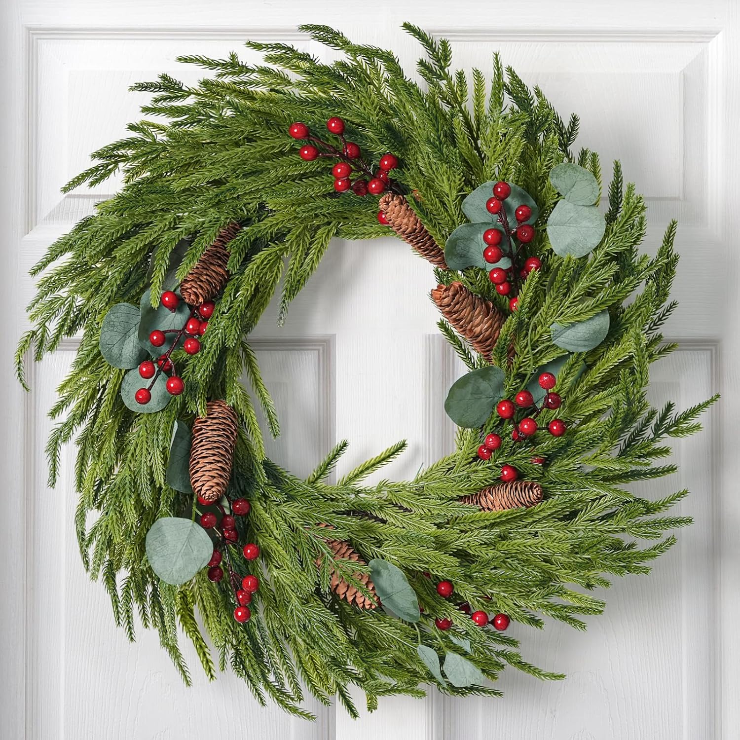 Christmas Decorations - 22 Inch Artificial Norfolk Pine Christmas Wreath with Pine Cones, Eucalyptus, and Red Berries Perfect for Front Door - Indoor Outdoor Holiday Decor for Mantle, Wall, Window