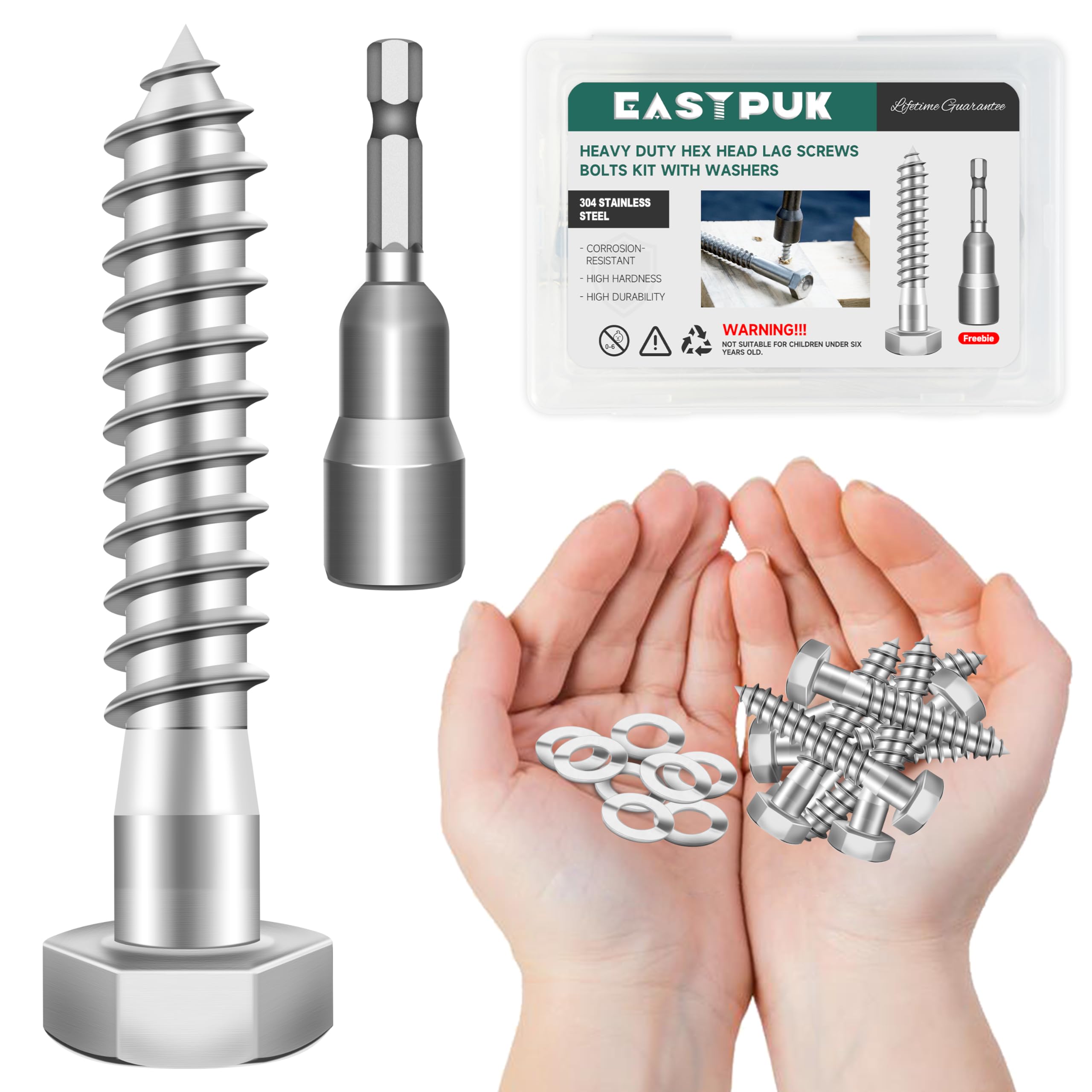 Stainless Steel Lag Screws - 8 Pack, 3/8" x 4" -12