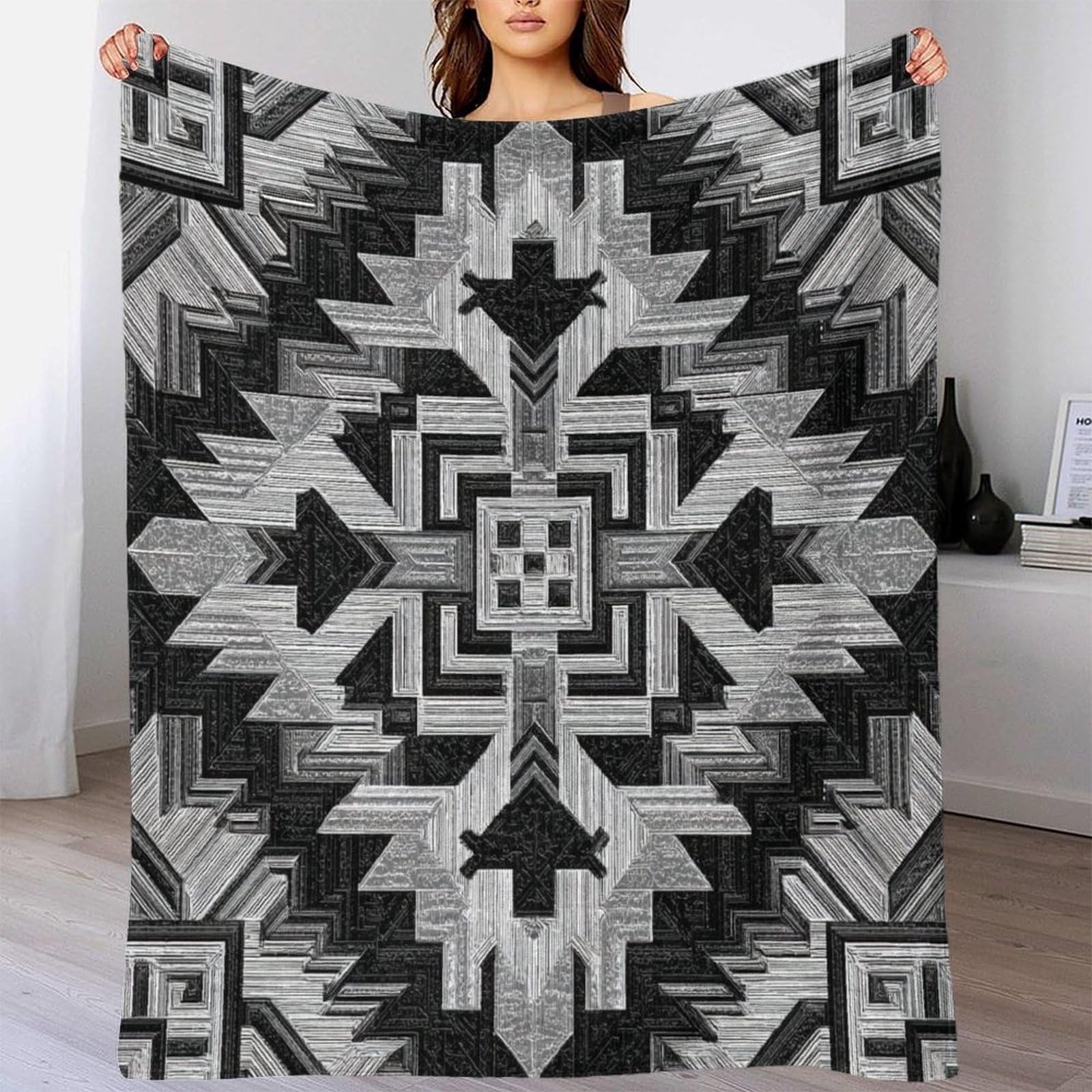 Texture piatta in bianco e nero in stile sud-occidentale, motivo inciso Manta Súper Suave | Colcha Patchwork | Funda De Viaje Cómoda Y Esponjosa 80x90inch(200x230cm)