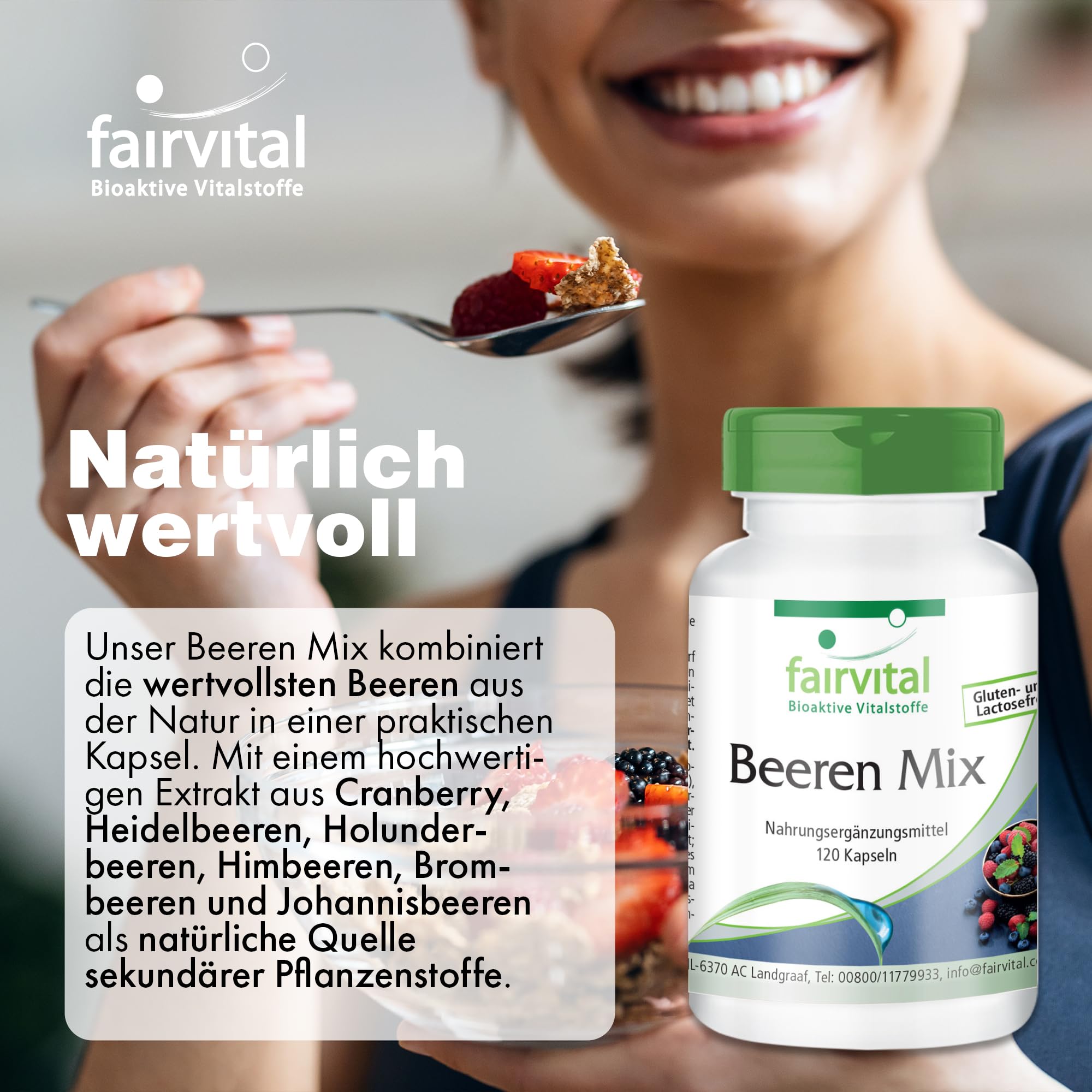 fairvital Beeren Mix, 120 Kapseln, Antioxidantien Kapseln, HOCHDOSIERT, VEGAN, 8 Beeren mit Spirulina