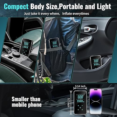 Miniatura 7 de Inflador de neumáticos, compresor de aire portátil, bomba de aire de 150 PSI para automóvil, bomba de bicicleta, pantalla táctilmanómetroluz, bomba
