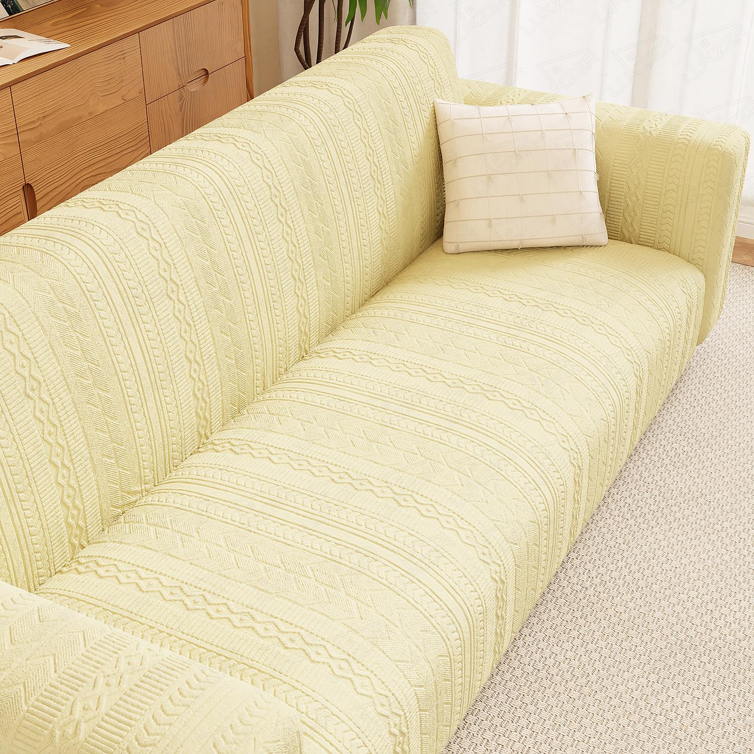 3 Seater Pastel Yellow Zigzag Pattern Sofa Cover | 240 GSM Universal Stretch Fit Jacquard Fabric Couch Protector | Fully Covered Anti Slip & Washable Sofa Cover (180-230cm/SC-080-03)