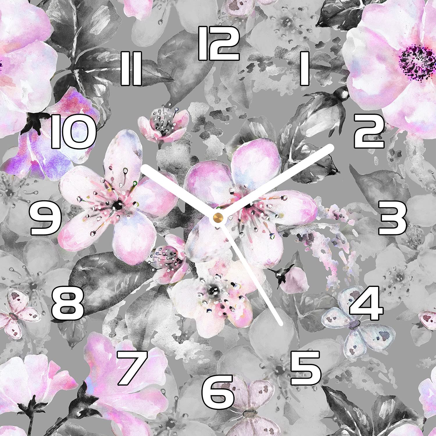 Horloge en verre de sécurité 30x30 cm avec impression florale de roses de haute qualité