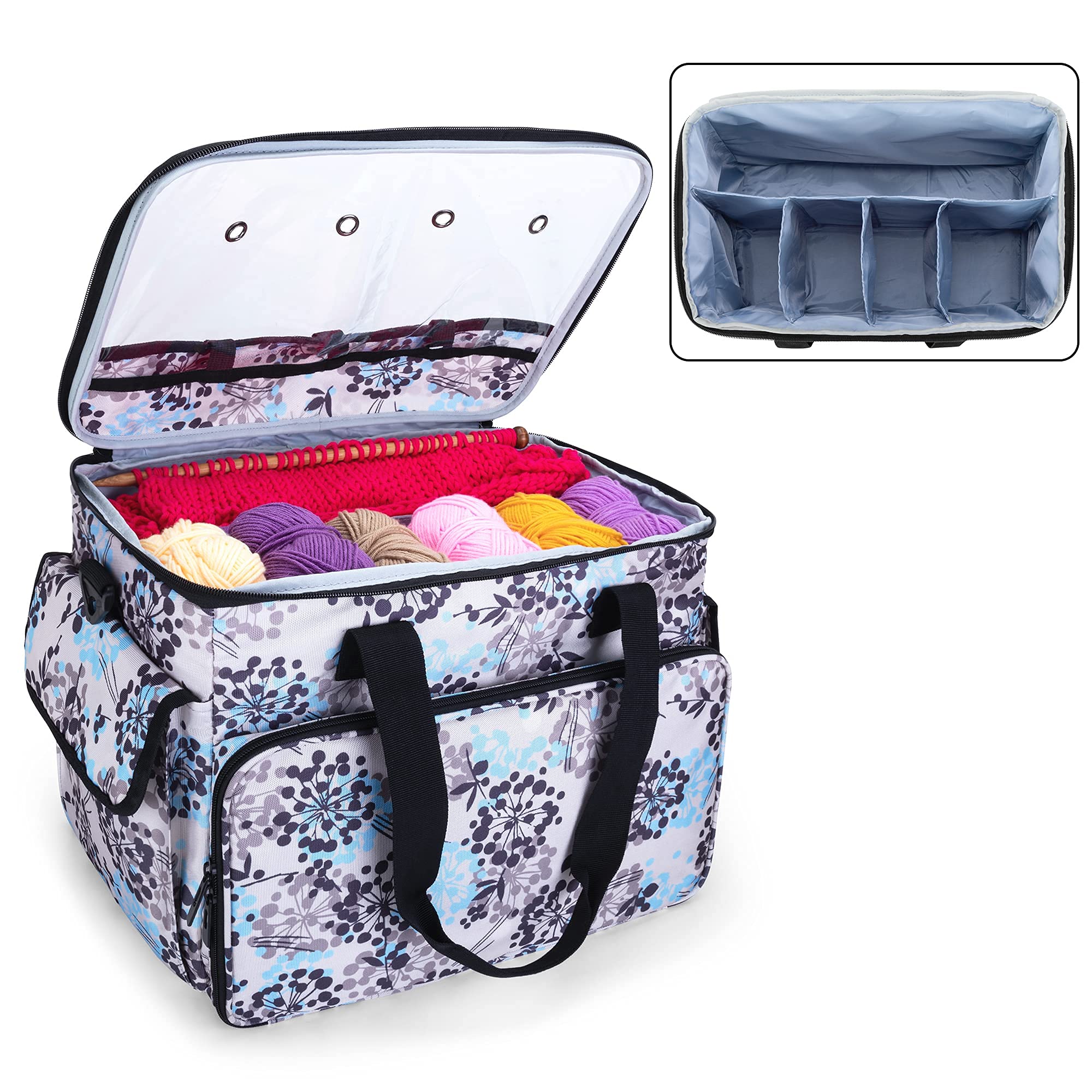 CURMIO Borsa per Lavoro a Maglia con Coperchio Trasparente, Dente di Leone | Organiser per Aghi / Uncinetto/ Ferri, Scomparti Multipli, 4 Occhielli, Tracolla Rimovibile, Senza Accessori Inclusi