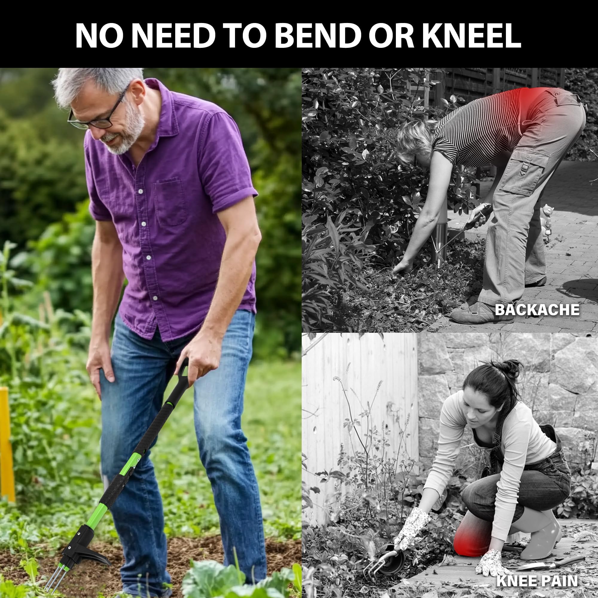 MAZING 3-Krallen-Unkrautziehwerkzeug, ergonomischer D-Griff mit langem Griff für mühelose Unkrautentfernung im Garten, Stand-Up-Unkraut-Unkraut-Werkzeug für Rasen, Hof, Garten, Krabbengras