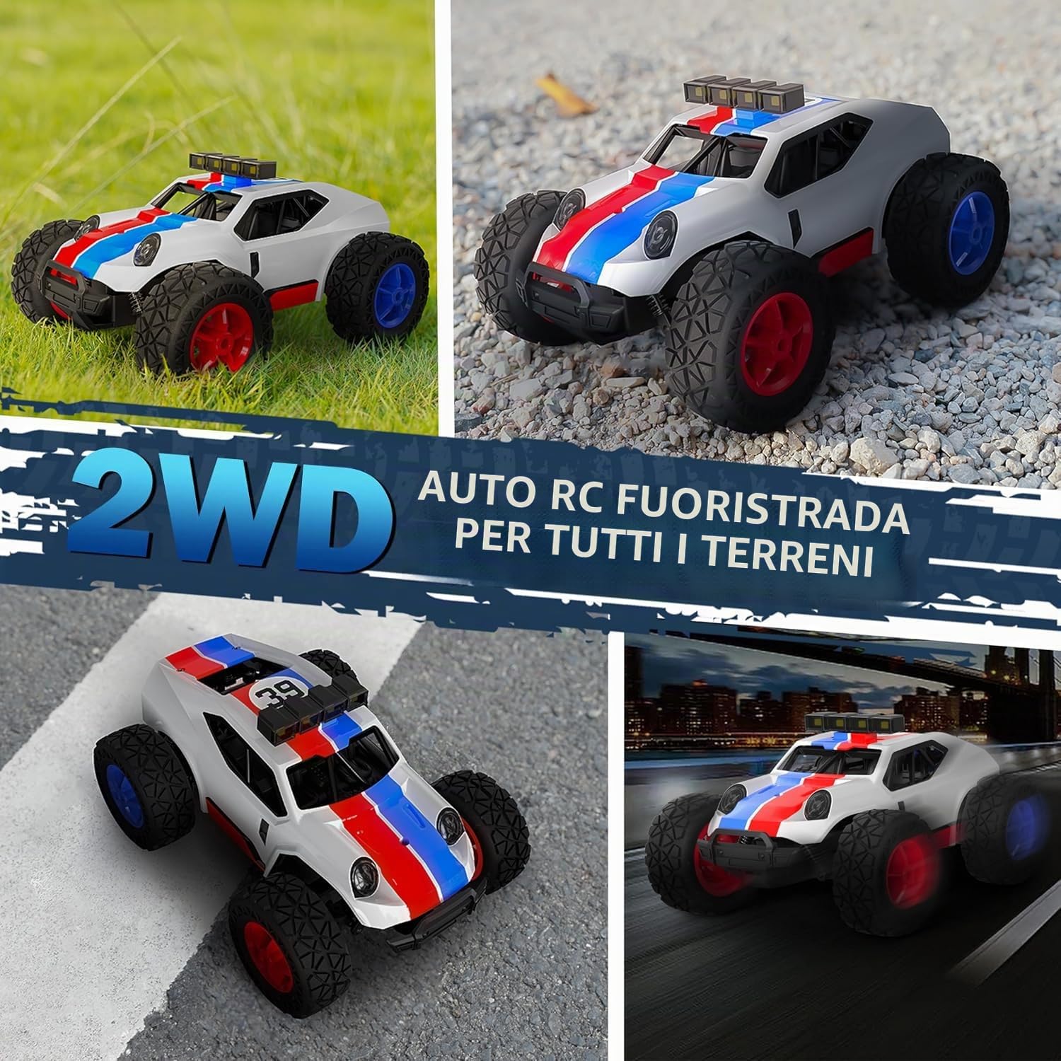 Kizeefun - Auto telecomandata, 2,4 GHz, scala 1/20, fuoristrada, raggiunge i 20 km/h, tutti i terreni, giocattolo elettrico, con 2 batterie, autonomia di 50 minuti, con fari LED, regalo per bambini