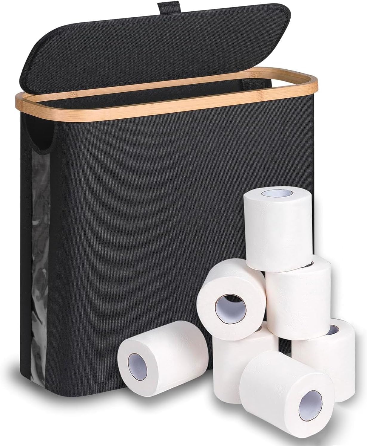 28L Rangement Papier Toilette pour 9-12Rouleaux, avec fenêtre Transparente, Couvercle et poignée, Réserves à Rouleaux de Panier Papier Toilette