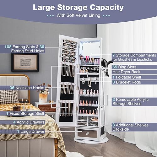 Miniatura 4 de CHARMAID Armario de joyería giratorio de 360 con espejo de longitud completa de 64.5 pulgadas de alto, 6 LED organizador de joyas con cerradura con