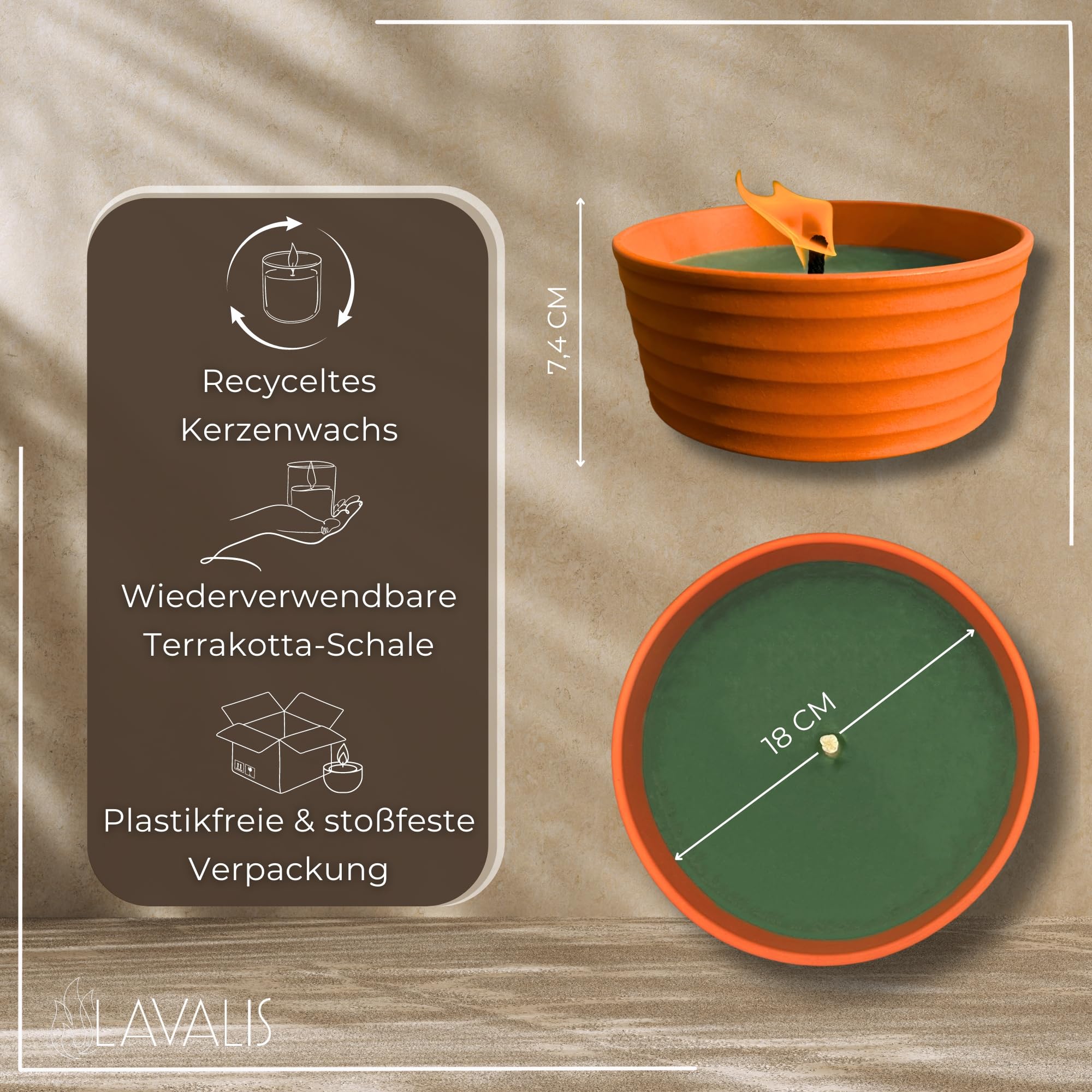 XXL handbefüllte Outdoor Kerze aus recyceltem Wachs in Terrakotta-Flammschale, >15 h Brenndauer, 15 cm Flammenhöhe, nachfüllbare Garten-Kerze, für größere Feste, Hochzeit & Party, 18 cm Ø