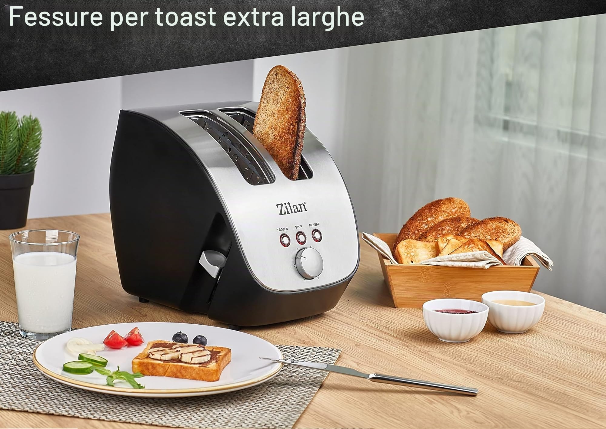 Zilan, Tostapane in acciaio inox, tostapane da 1000 W - 2 ampie fessure per tostapane - tostatura a 6 livelli con funzioni di scongelamento, riscaldamento e cancellazione