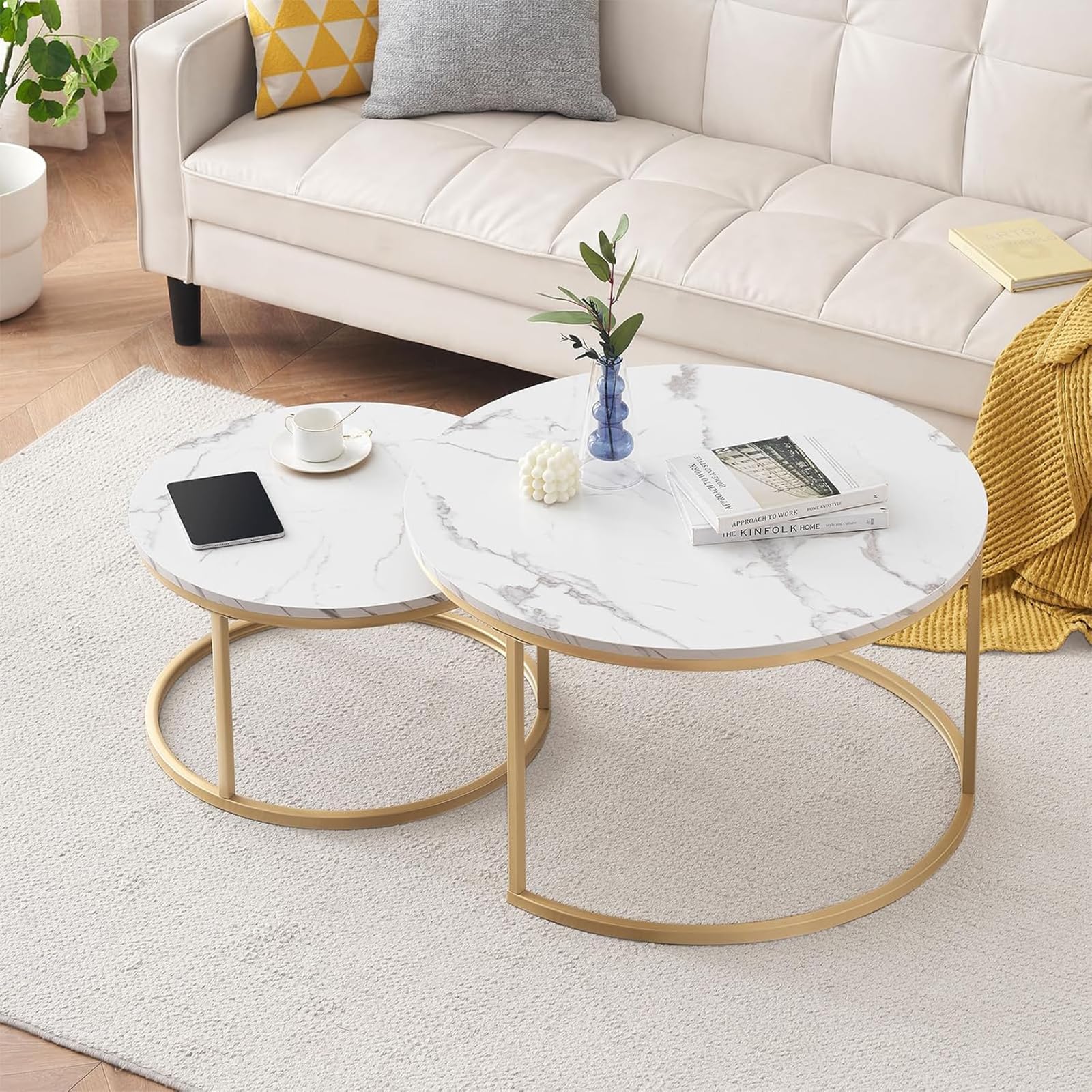 Tavolino rotondo effetto marmo, set da 2 tavolini da salotto e tavolino per soggiorno, Ø 80 x 45 H cm e Ø 60 x 35 H cm (bianco e oro)