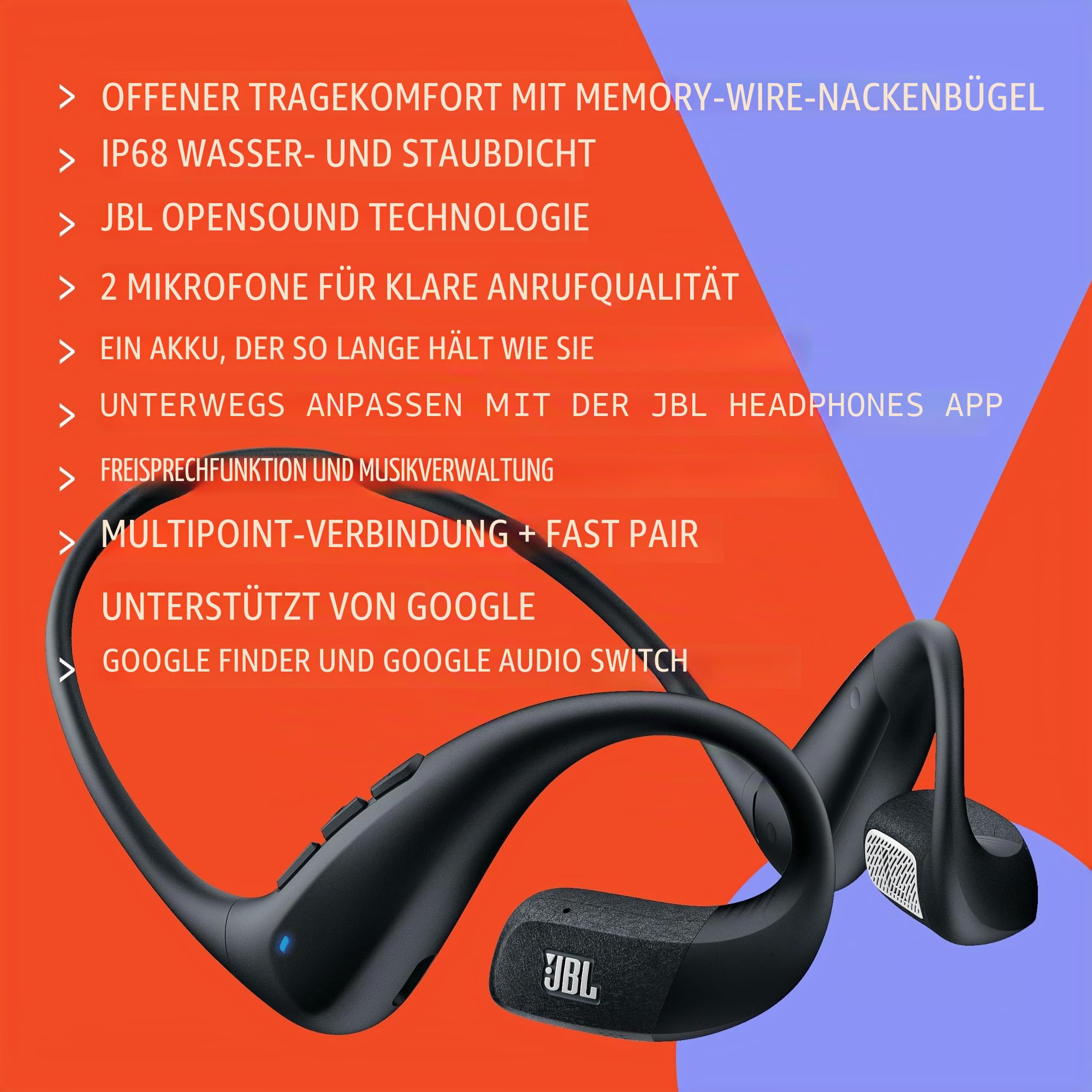 JBL Endurance Pace Open-Ear-Sport-Kopfhörer mit Bluetooth, Schwarz/Grau | 10 Stunden Akkulaufzeit, Leichter Titan-Memory-Wire-Nackenbügel, IP68 Wasser-/Staubschutz, JBL OpenSound-Technologie