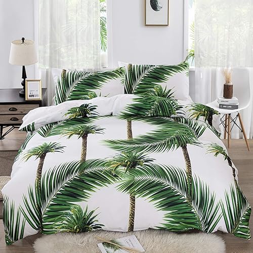 Juego de funda de edredón con temática botánica verde tropical de selva tropical, bosque exótico, selva tropical, hojas de palmera, plantas, funda