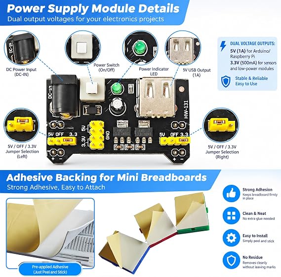 Breadboard Kit with Flexible Wires & 9V DC Adapter for Arduino, IoT & STEM