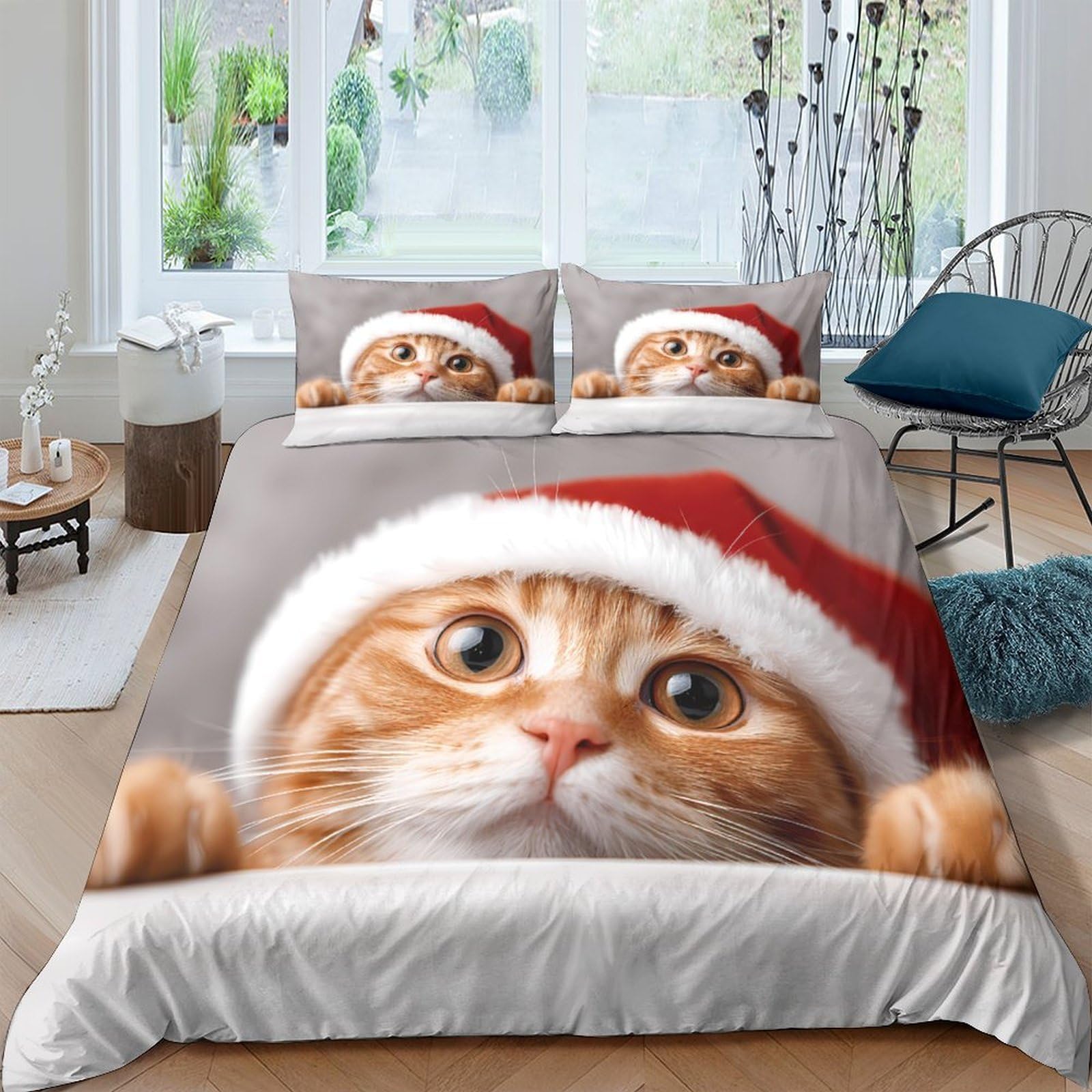 Ctjqhvkz Style-3 3D Printed Christmas Cat Fitted Sheet Microfiber Soft Red Santa Hat Bed Cover For Bedroom Dorm Decoration Single（135X200cm）