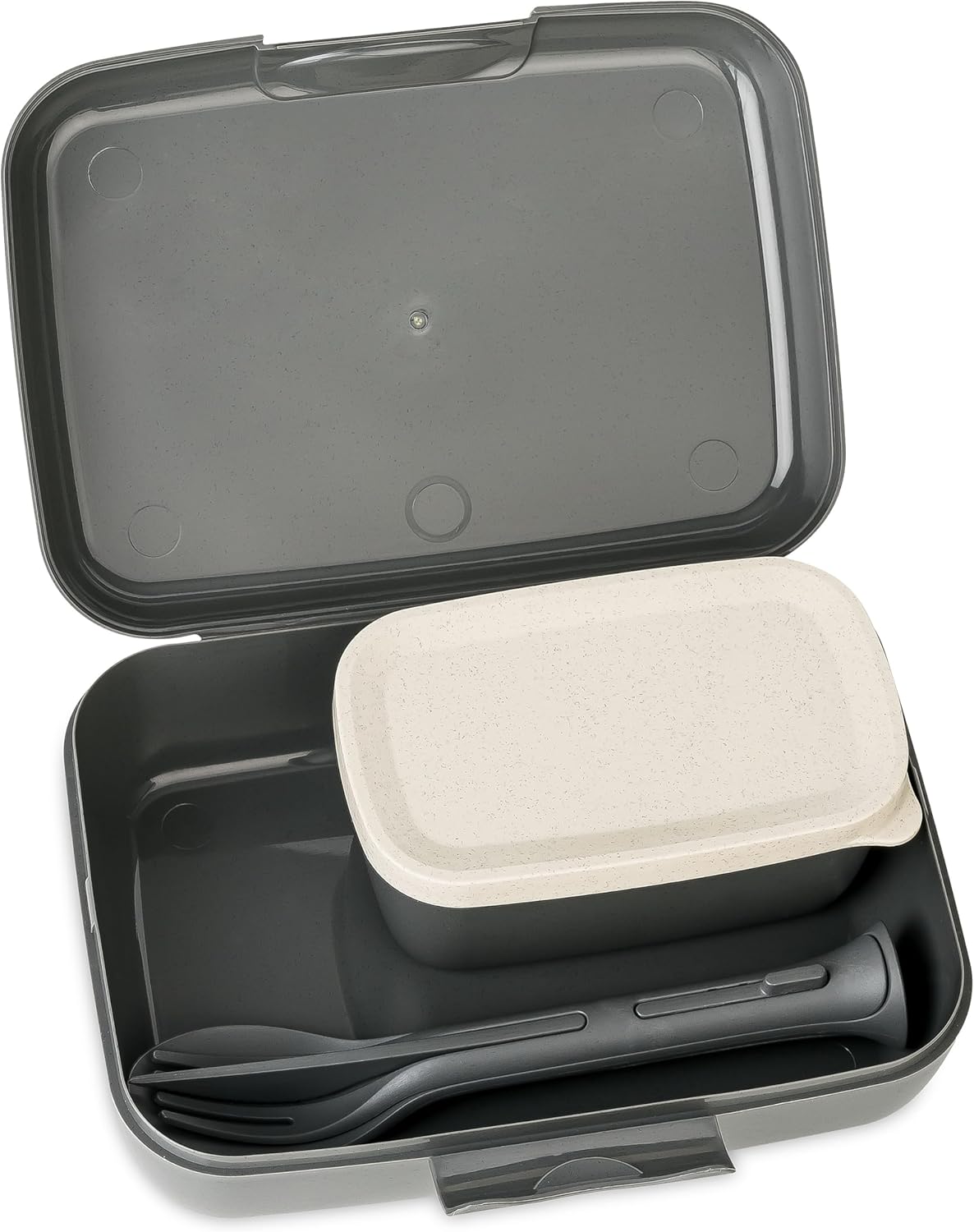 Koziol 7272701 Box, Snack Break, Breakfast Pot, Plastic, Reusable, Knife, Fork, Spoon, Outdoor, Camping, Picnic, Hiking, Vacation, Lunch to go, Cutlery Set of Three, Nature Ash Grey