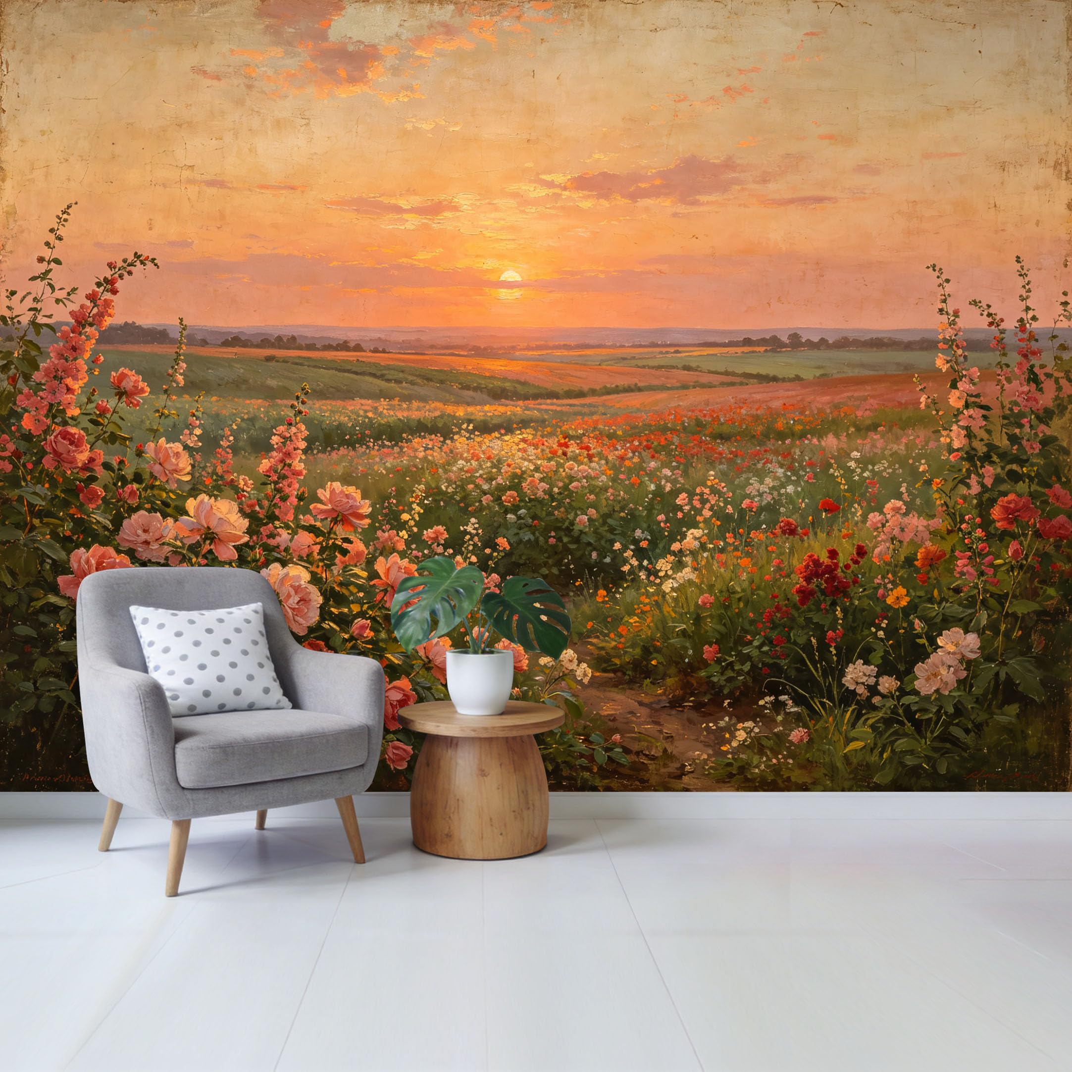 Qzlithotic Yq2605250487 Custom Size Wall Mural Sunset Meadow Wildflower Floral Field Oil Painting Style Selfadhesive Wall Fabric Removable Wallpaper For Home Office Decor