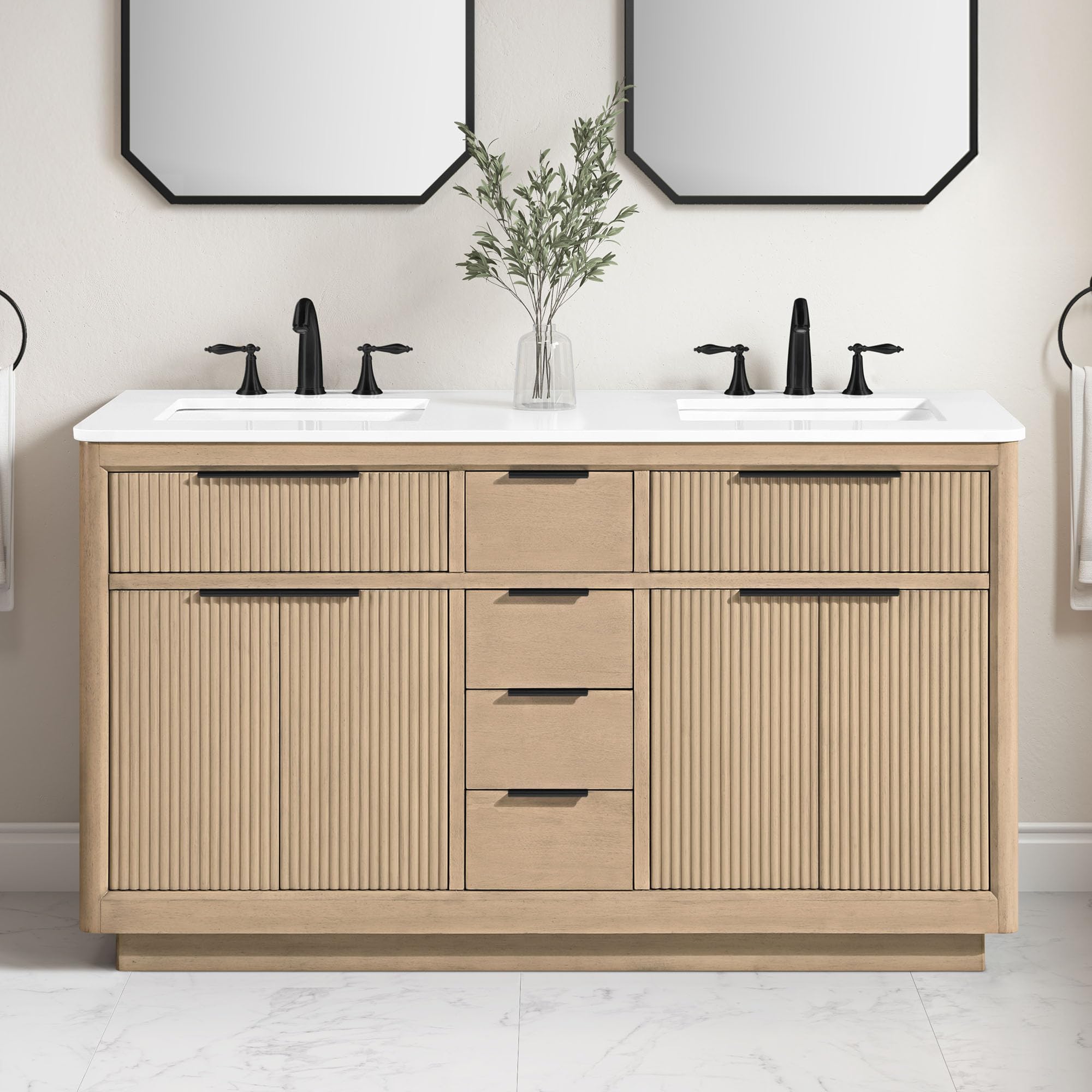 OVE Decors Xander 60" Sahara Birch Bathroom Vanity, Matte Black Hardware
