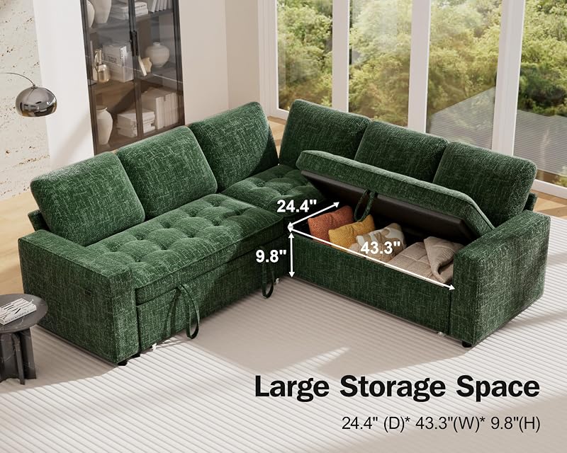 Opoiar 5 Seat L Shaped Chenille Sectional Sleeper Sofa Bed with Pull Out Bed, Sectional Sleeper Couch with Reclining Backrest/USB Ports/Storage Seat, Tool-Free Assembly, Green image 6