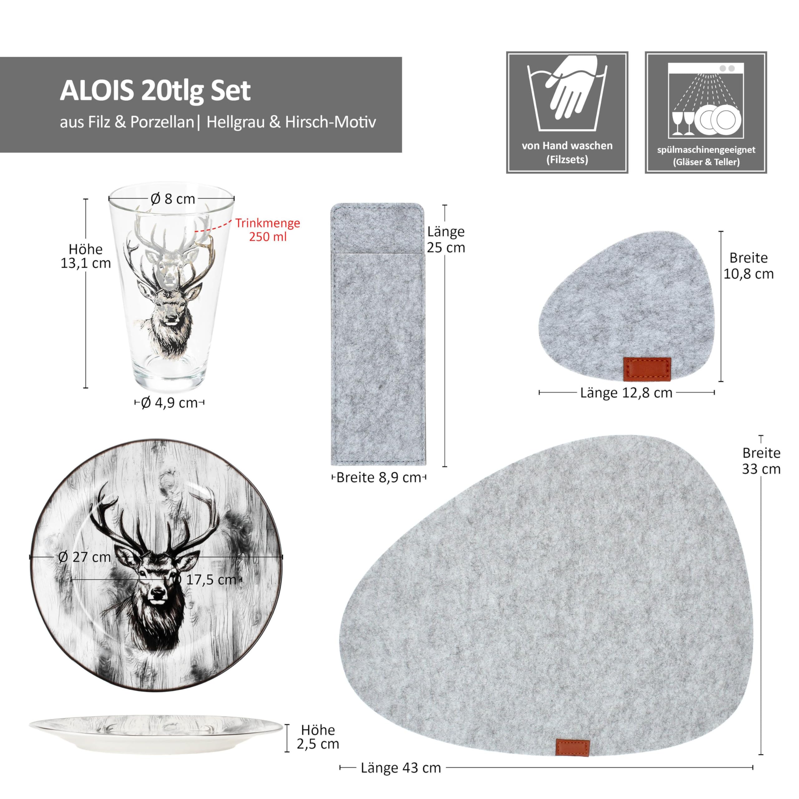 MamboCat Alois - Set da 20 pezzi, 4 piatti, bicchieri, tovagliette, sottobicchieri e portaposate in feltro, per 4 persone, decorazione da tavolo