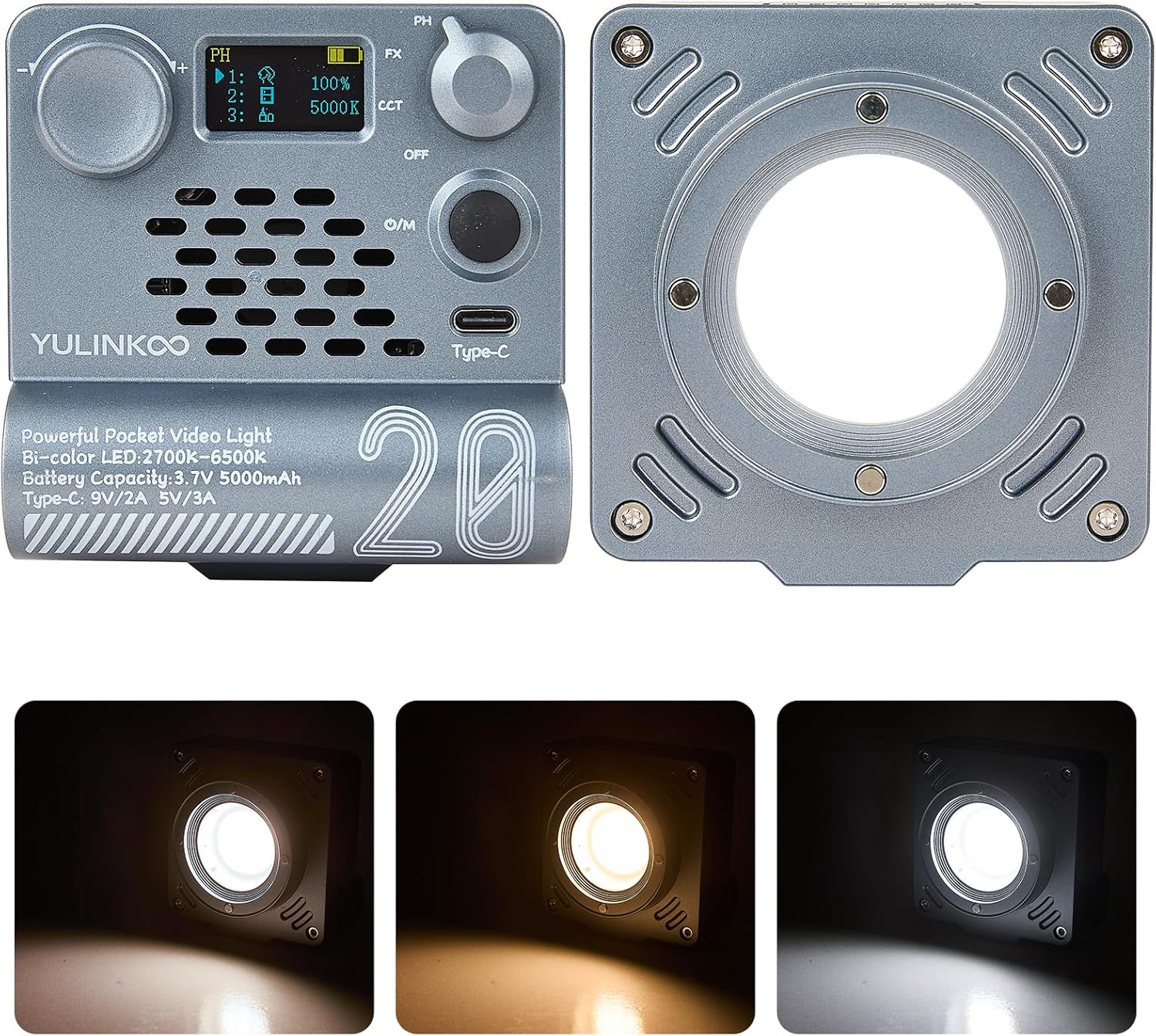 COB LED Video Light, Handheld Bi Color Photography Lighting with 5000 mAh Rechargeable Battery, 2700K-6500K CRI 95+, 12 Effects, Fill Light for Portrait Photo, Vlog, Video Recording, Live Streaming