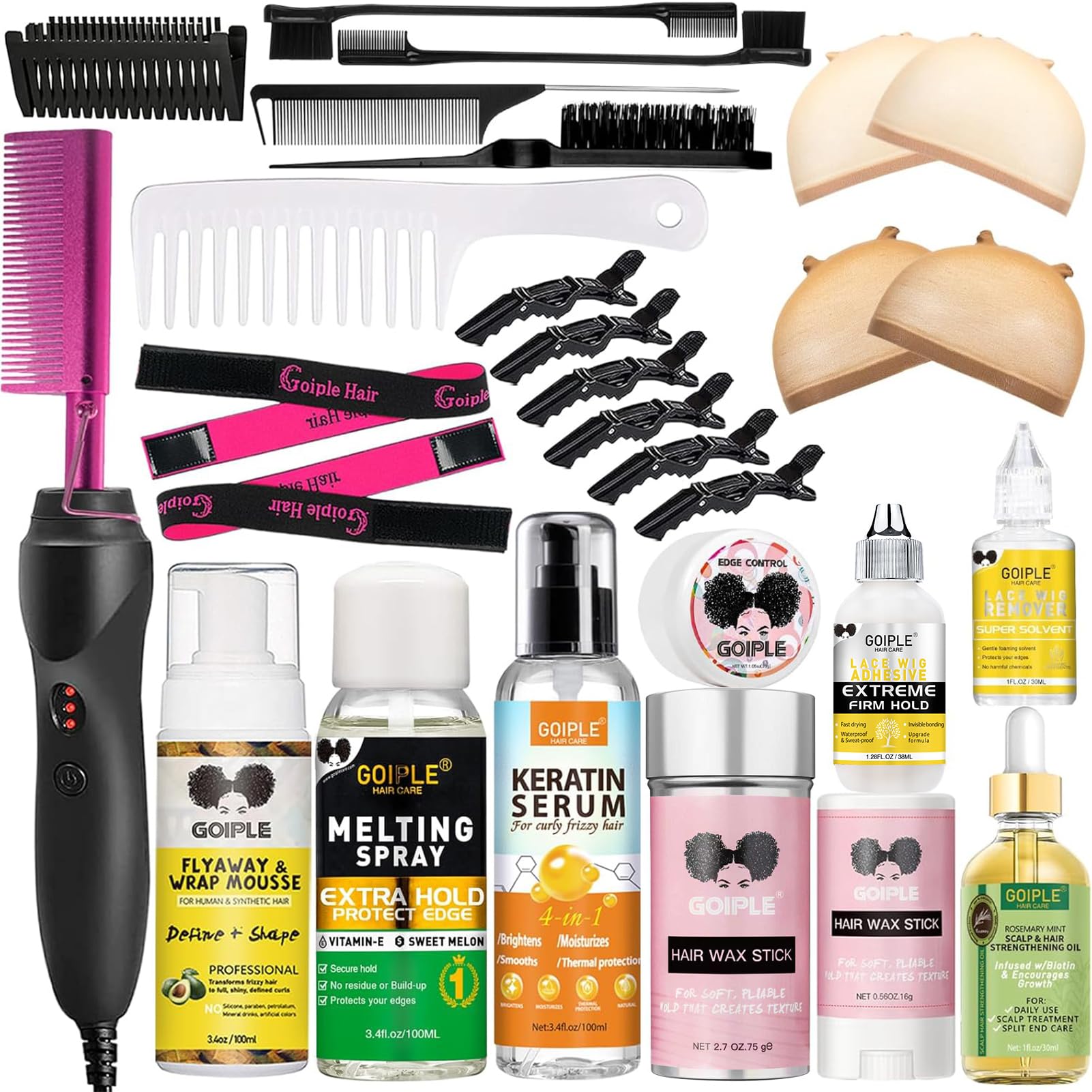 Hot Comb Hair Straightener for Natural Black Hair and Lace Front Wigs - Electric Heat Pressing Comb Set With Lace Melting Spray and Wig Glue Kit