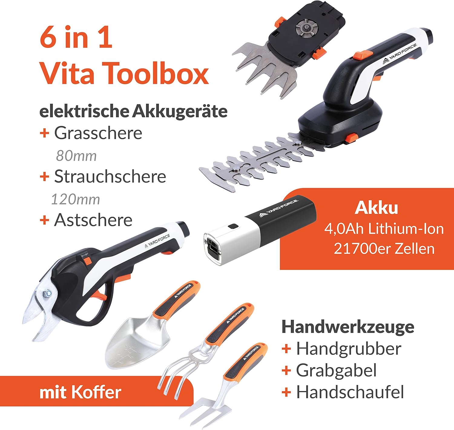 Plis paseview of Yard Force Vita 6-in-1 Toolbox components