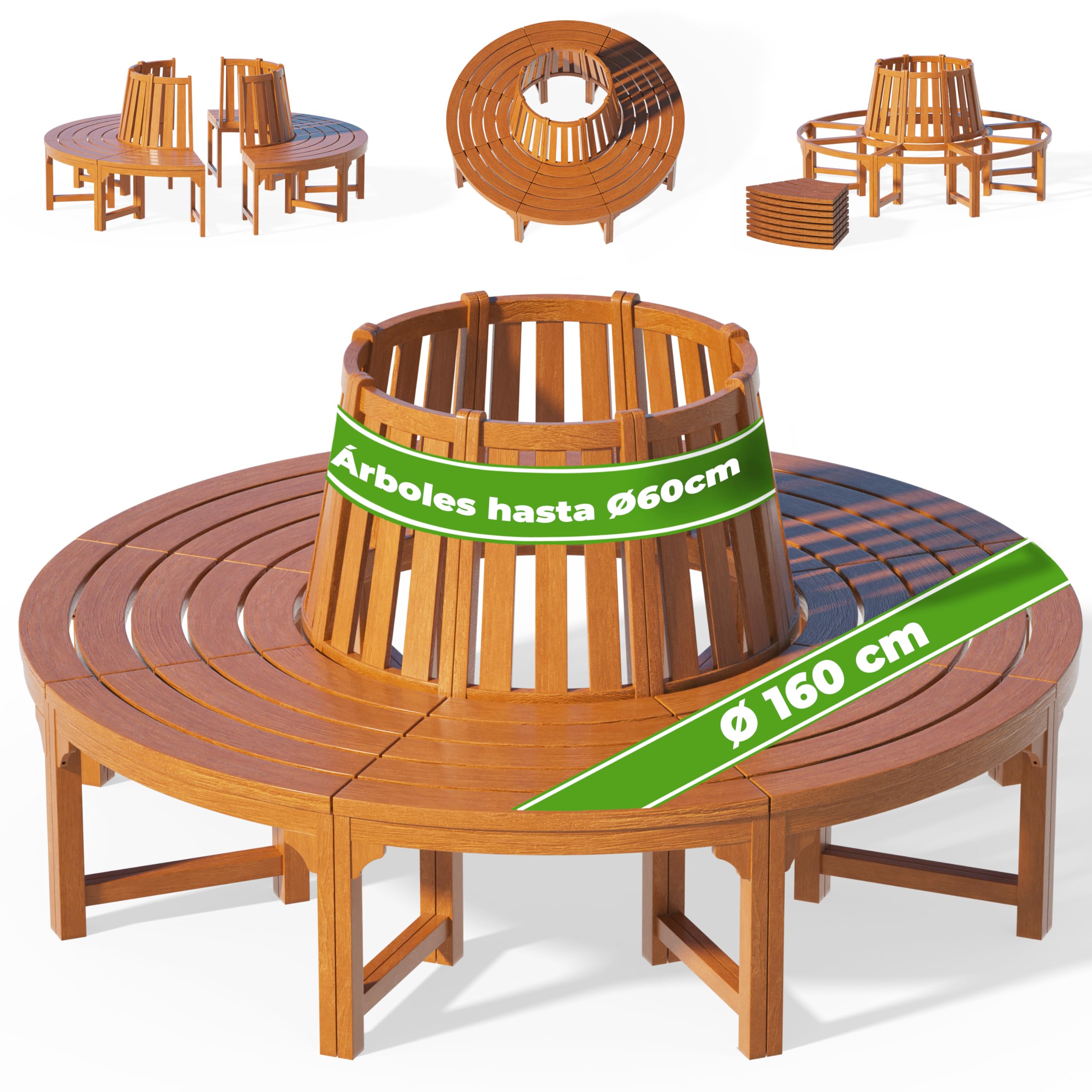 CASARIA Banco para Árbol Madera Jardin Certificación FSC | 160x60cm, Carga 320kg, Patio, Resistente, Bancos, Semicircular, Exterior, Respaldo, Eucalipto, Parque
