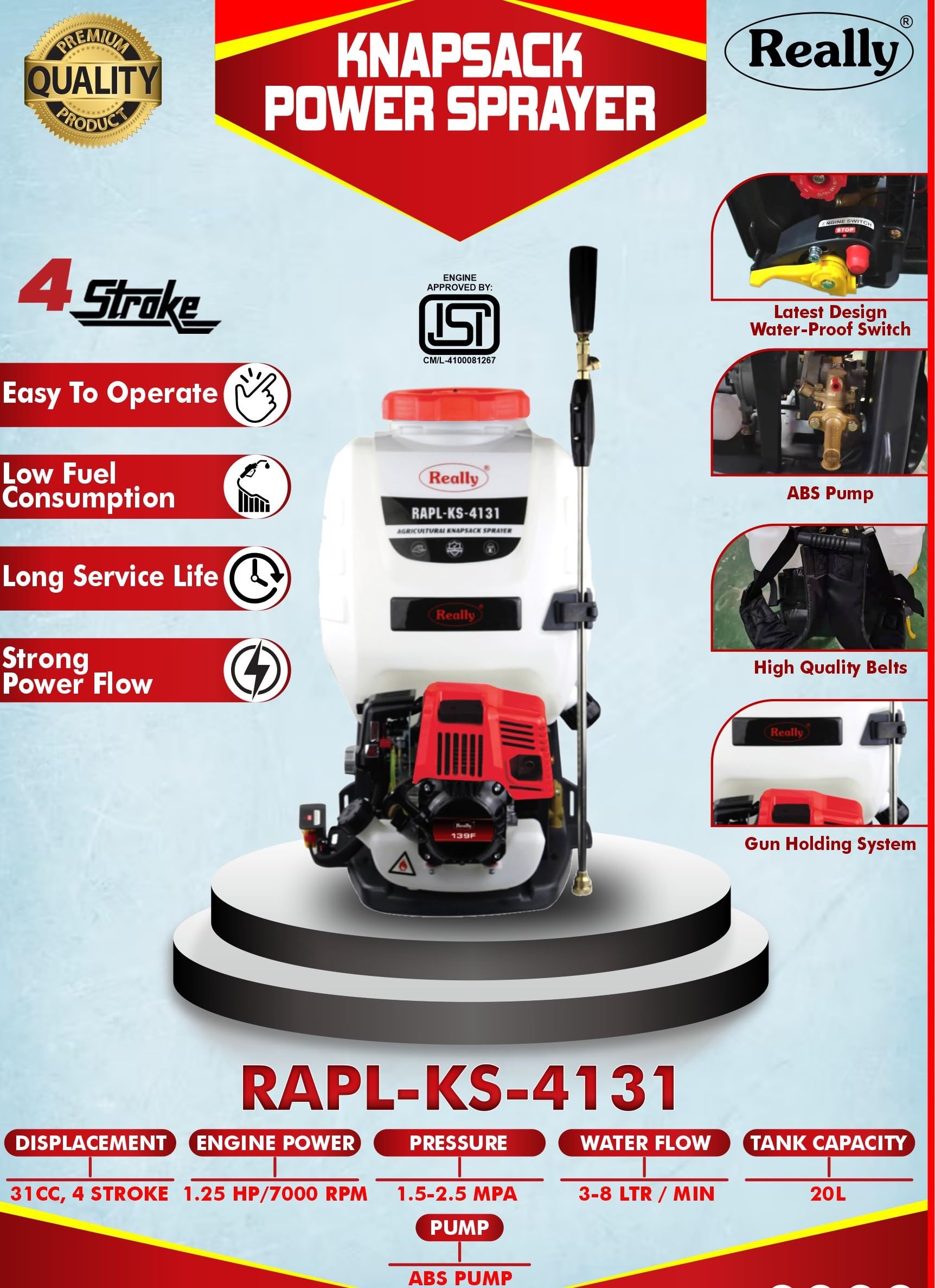 Really RAPL-KS-4131 31cc 4 Stroke Agricultural Knapsack Sprayer