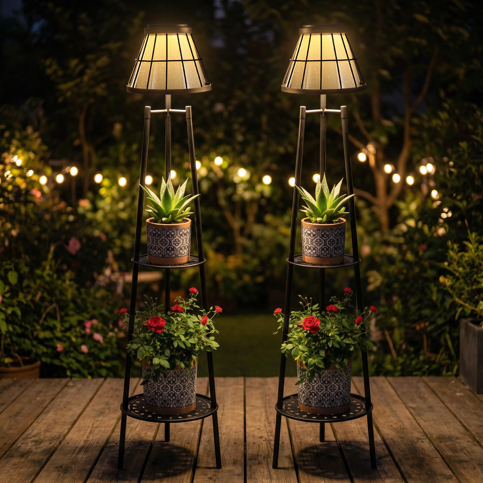 Paquete de 2 lámparas solares de pie de 45.5 pulgadas con soporte para plantas de 2 niveles, luces solares de metal impermeable para exteriores, estante de flores para patio, terraza, jardín, porche,
