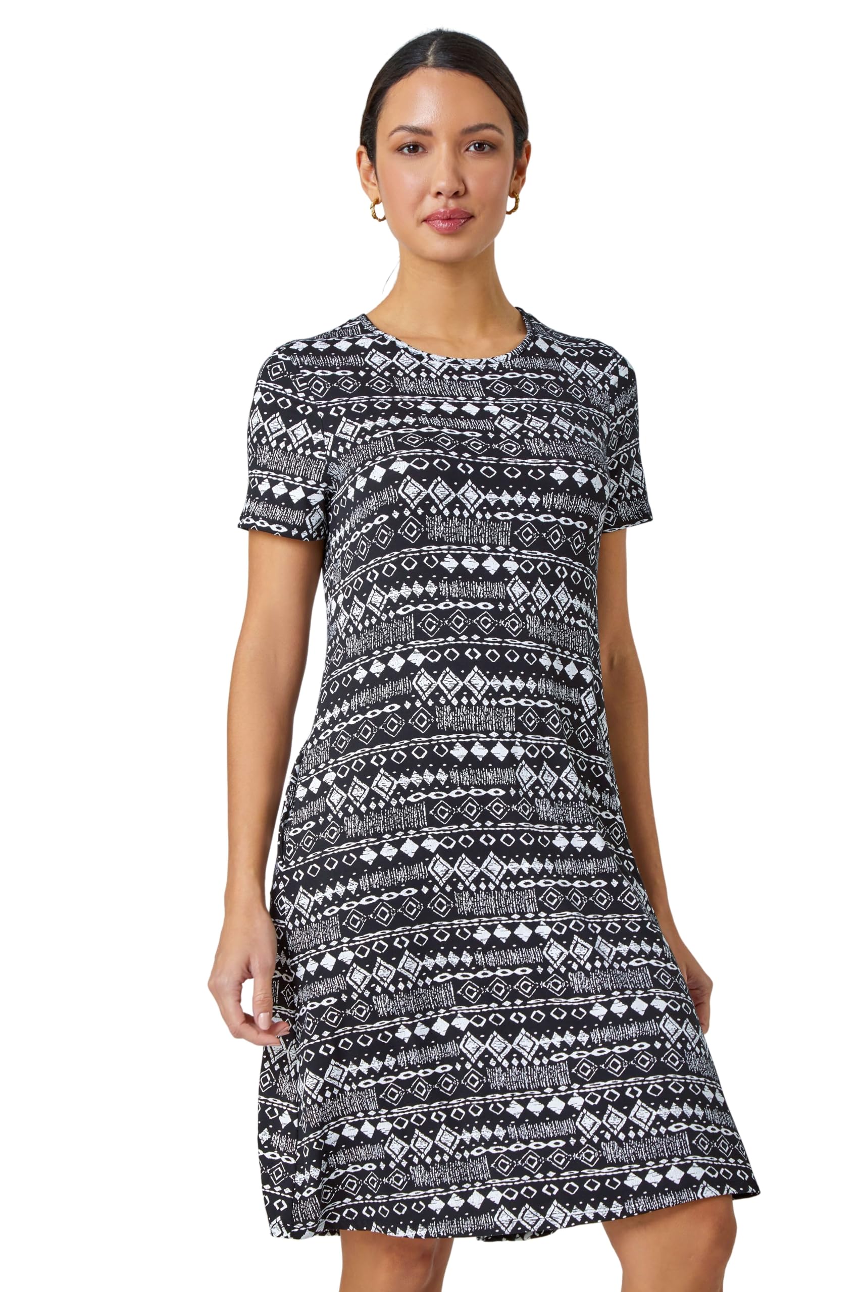 Roman Originals Women's Black Aztec Print Stretch Dress For Uk - Everyday Holiday Spring Summer Round Neckline Comfy Soft Evening Vacation Work Party - Size 12