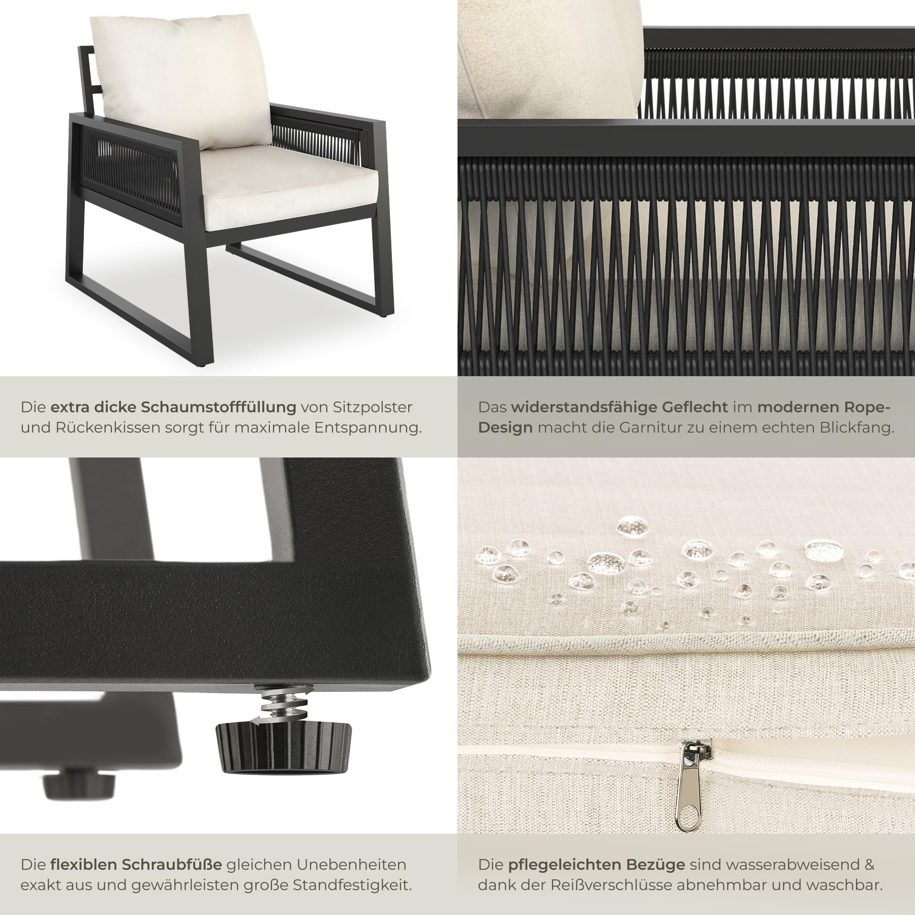tectake® Rope Design Lounge Möbel Set für Garten oder Balkon, Aluminium Outdoor Sitzgruppe Terrassenmöbel mit 2 Lounge Sessel, inkl. Gartenmöbel-Kissen, wetterfest