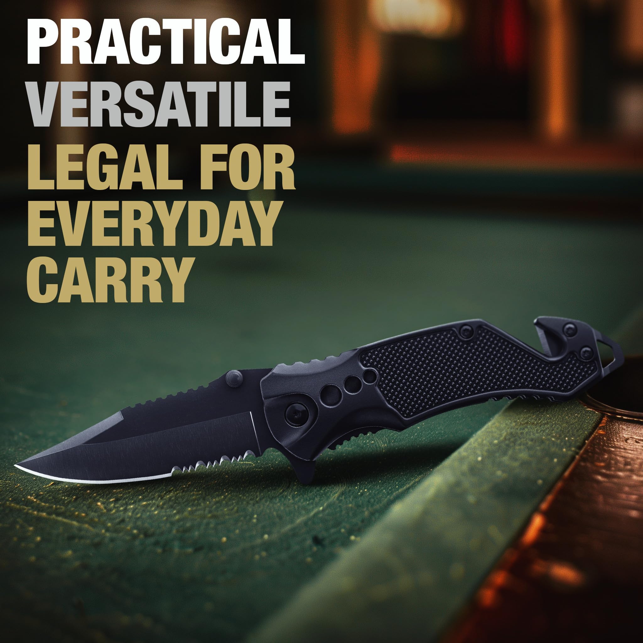 GOOD WORKER Legal Pocket Knife with 2.95” Serrated Blade, Glass Breaker, Seat Belt Cutter - EDC Sharp Folding Knives with Portable Clip - Small Tool for Tactical Camping Survival Hiking - Gifts for Men, Women